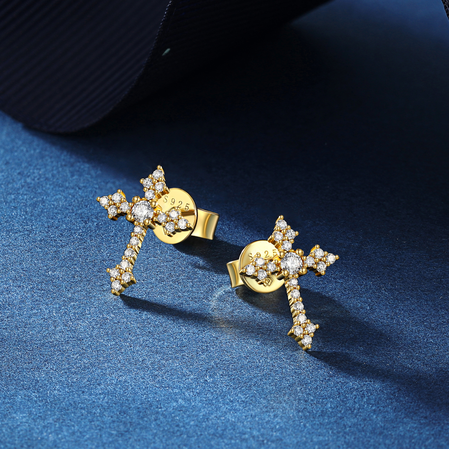 Cross Moissanite Stud Earrings in Yellow Gold, Sterling Silver