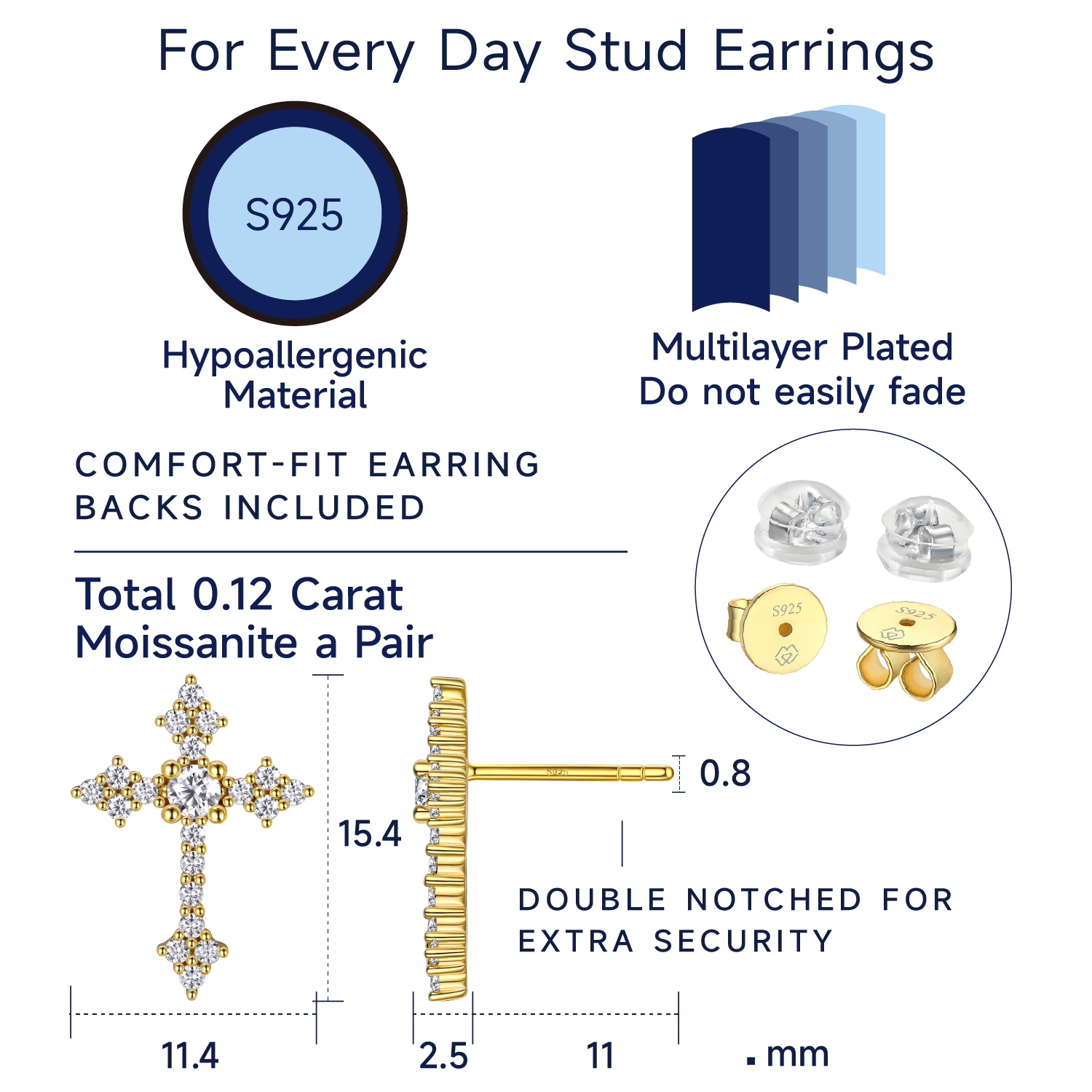 Cross Moissanite Stud Earrings in Yellow Gold Details - Earrings Size, Material