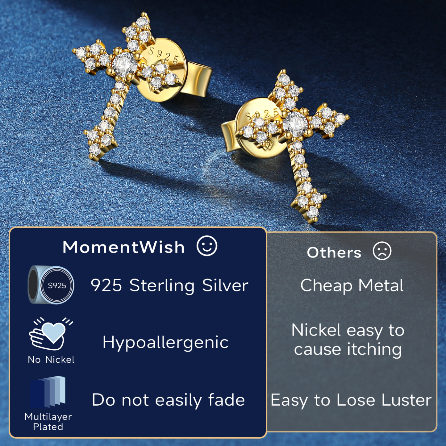 Cross Moissanite Stud Earrings in Yellow Gold Details - Moissanite Description