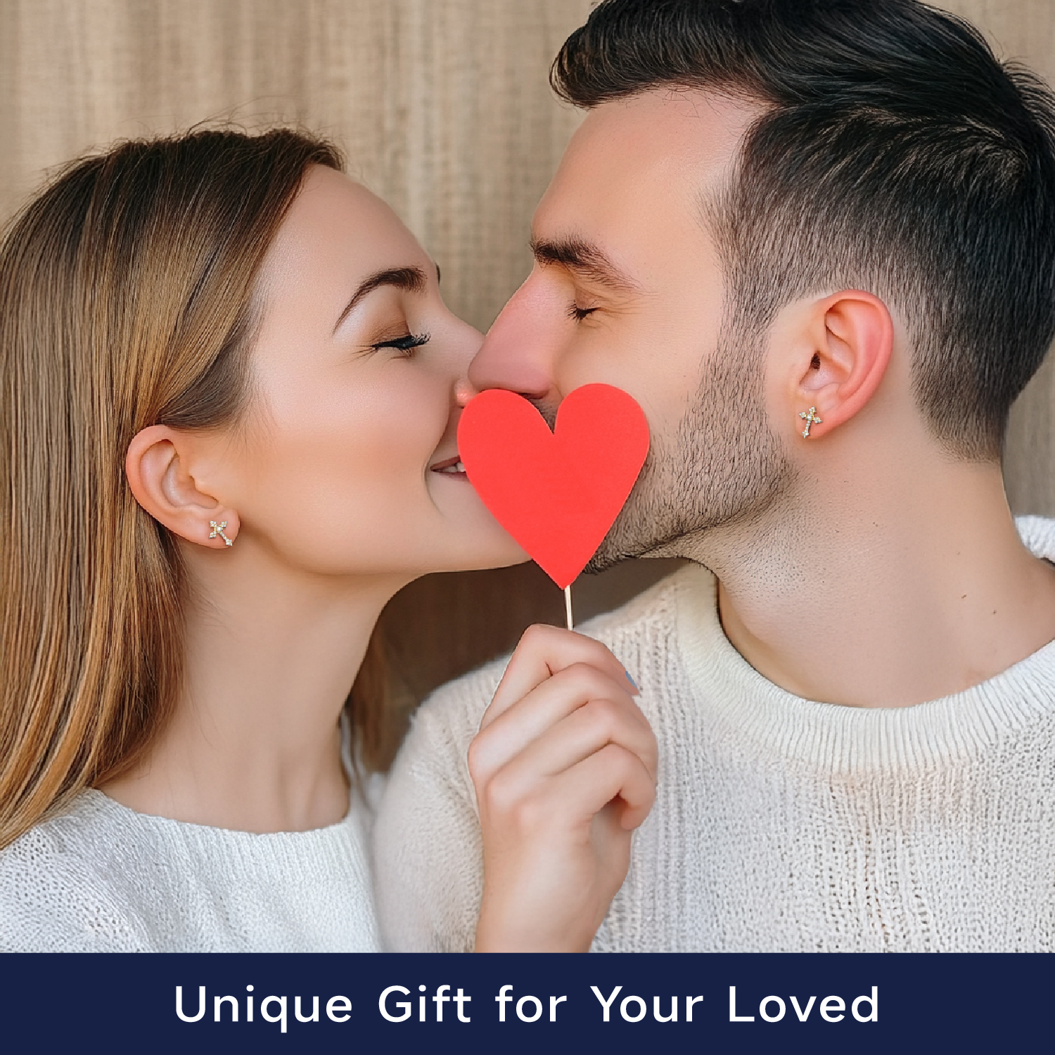 Cross Moissanite Stud Earrings in Yellow Gold for Couple