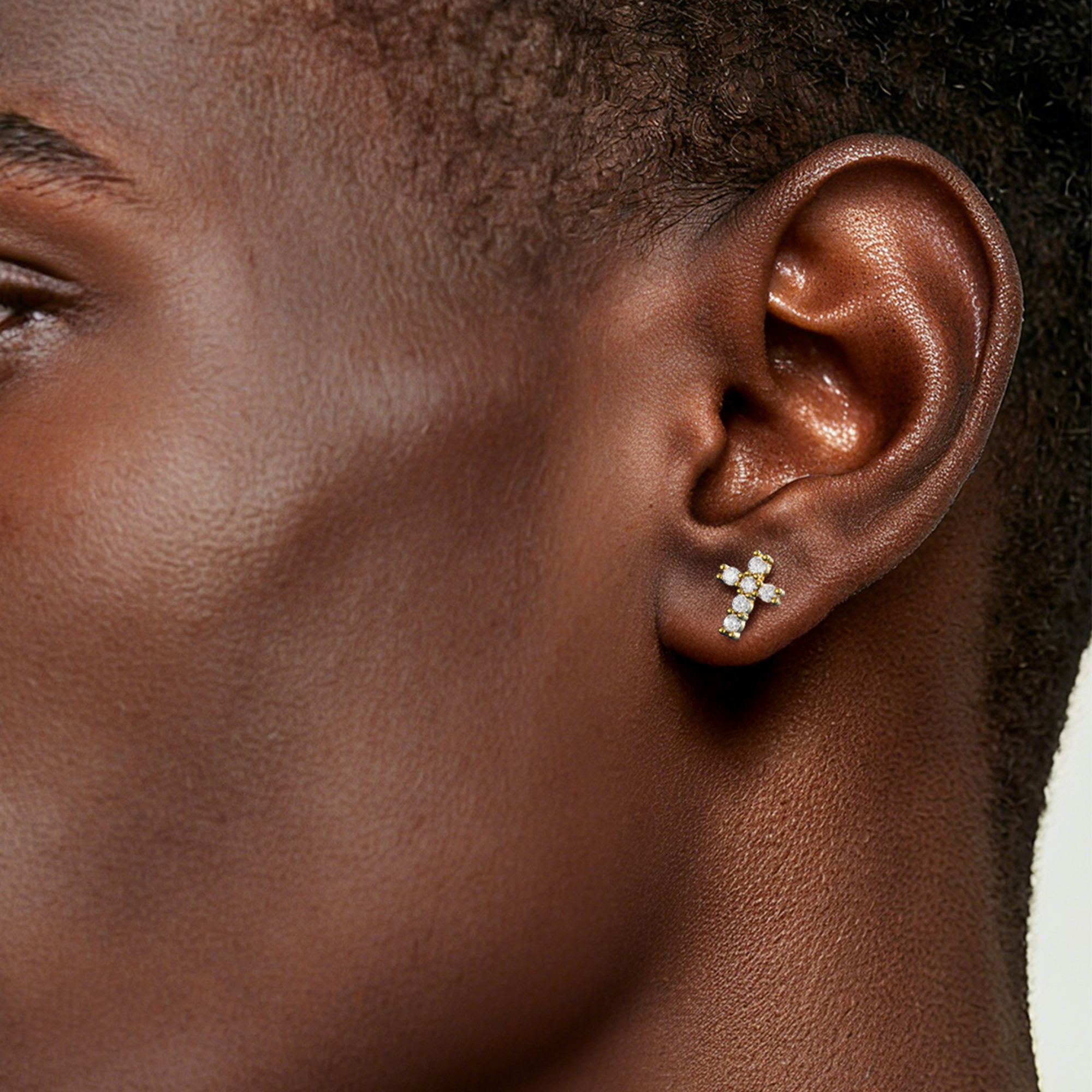 Cross Moissanite Stud Earrings in Yellow Gold for Men-01