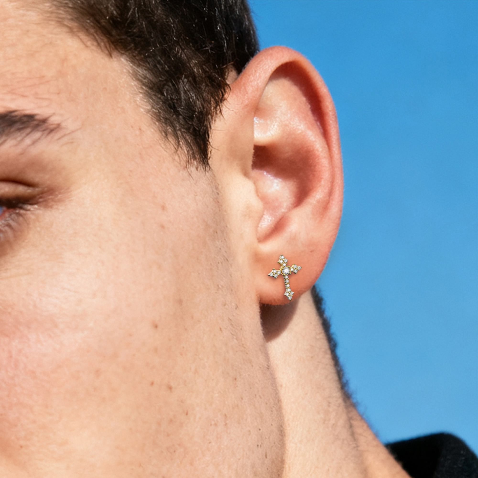 Cross Moissanite Stud Earrings in Yellow Gold for Men-01