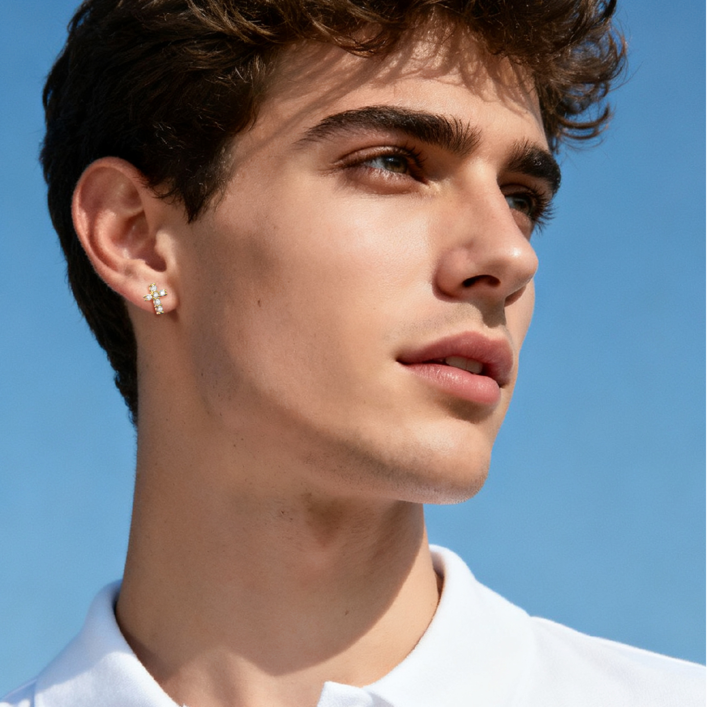 Cross Moissanite Stud Earrings in Yellow Gold for Men-02