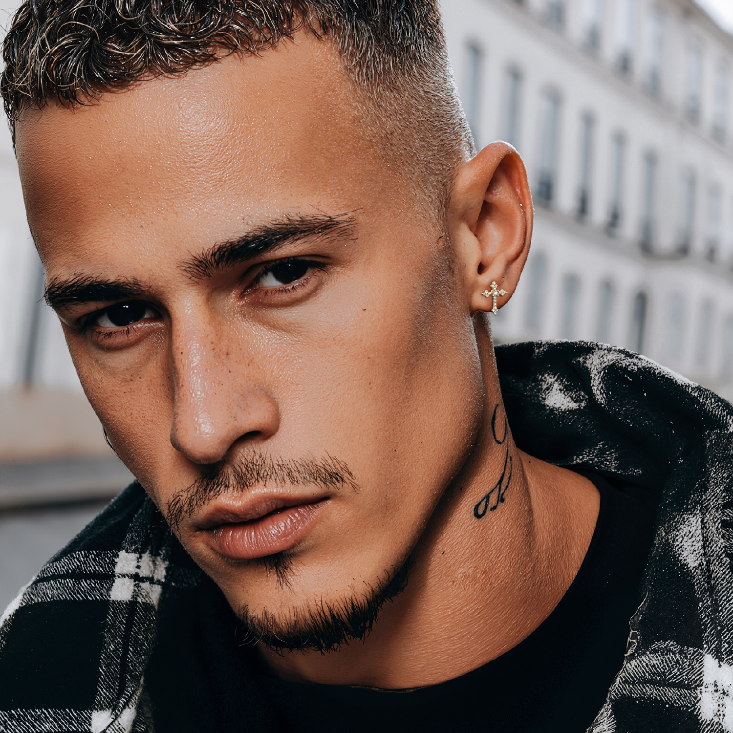 Cross Moissanite Stud Earrings in Yellow Gold for Men-02