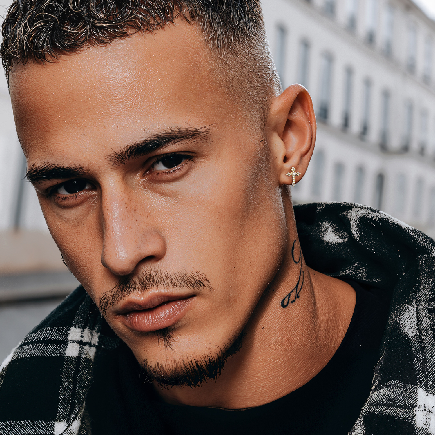 Cross Moissanite Stud Earrings in Yellow Gold for Men-02