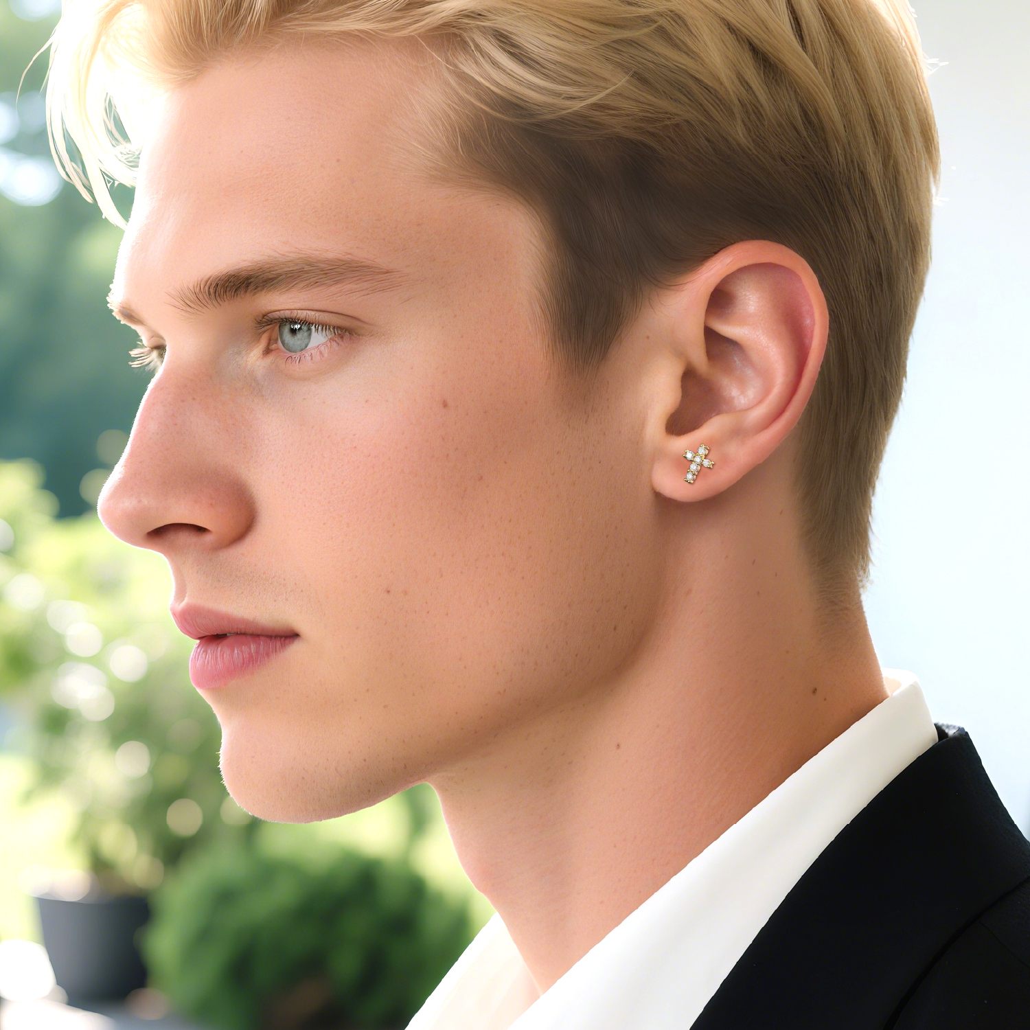 Cross Moissanite Stud Earrings in Yellow Gold for Men-02