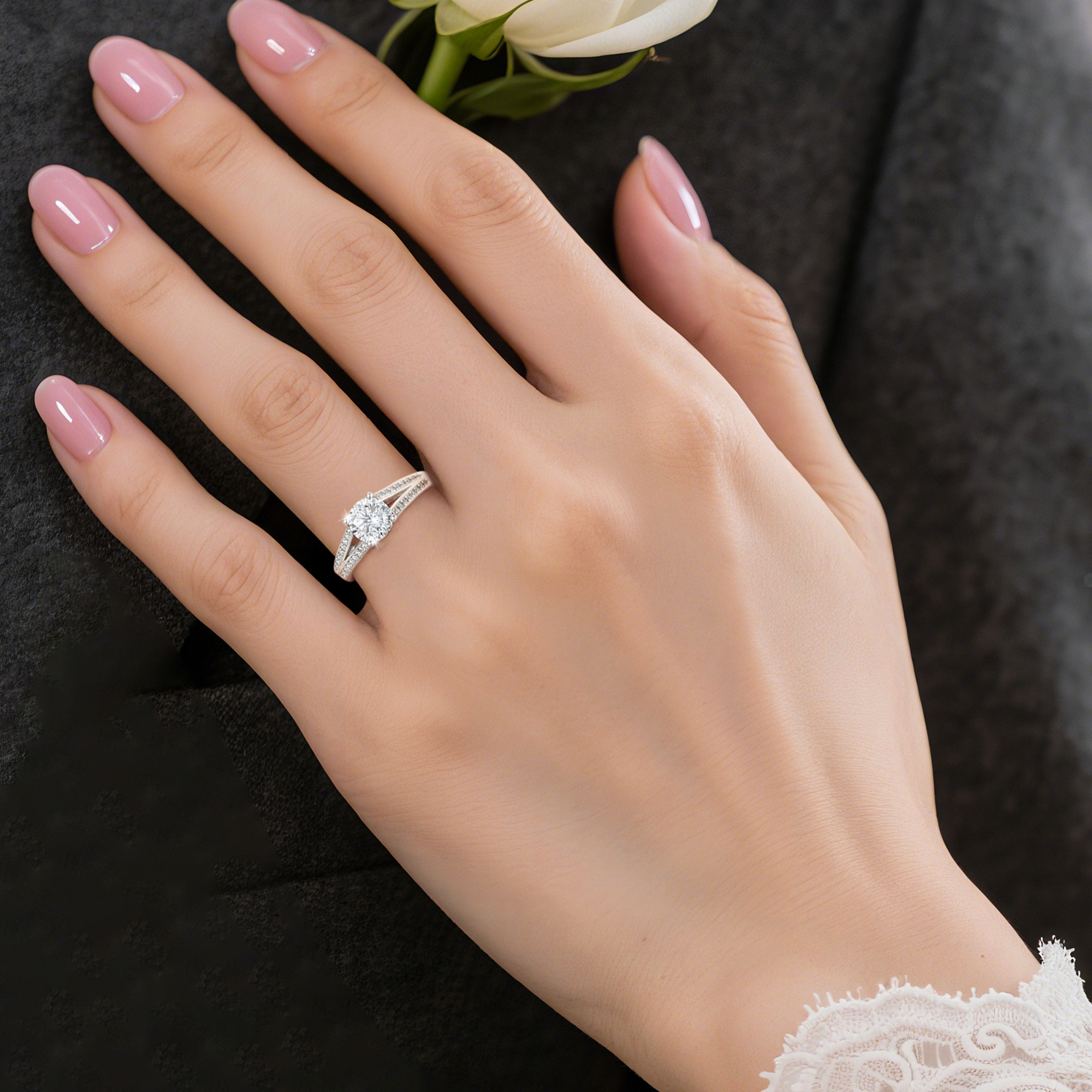 Double Row Channel Set Moissanite Engagement Ring in White Gold for Proposal