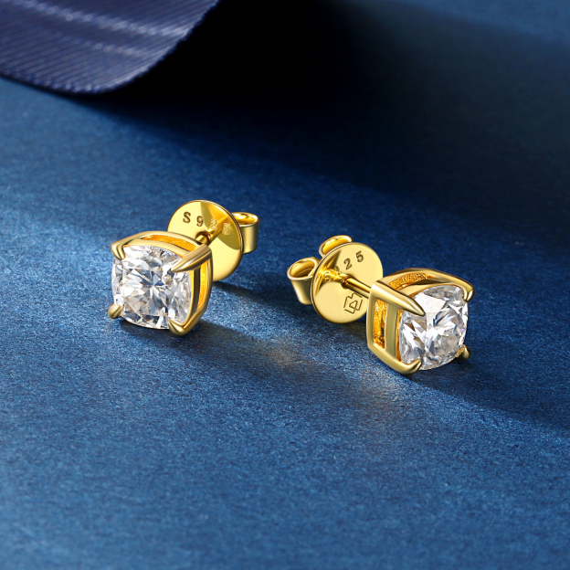 Four-Prong Cushion Cut Moissanite Stud Earrings in Yellow Gold, Sterling Silver