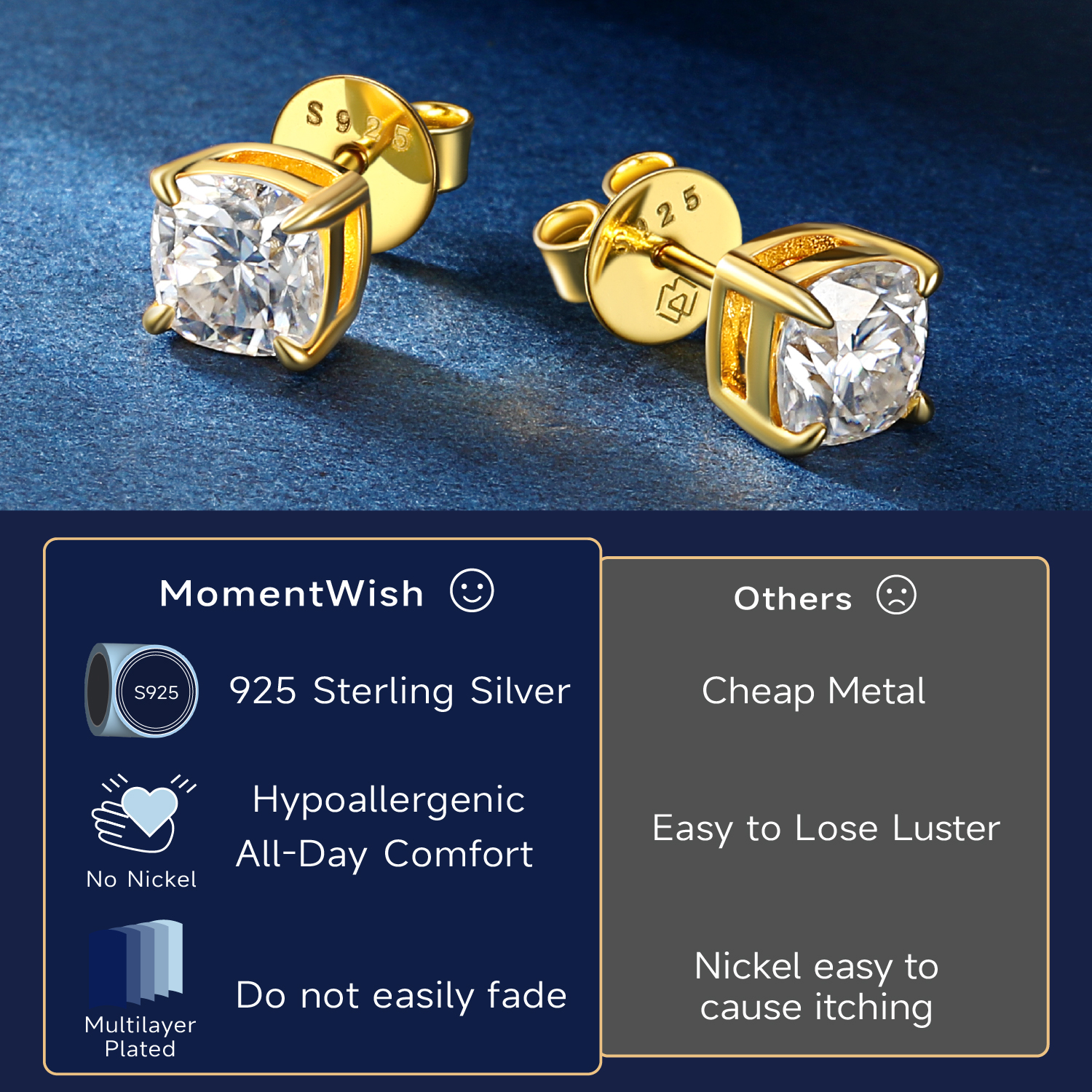 Four-Prong Cushion Cut Moissanite Stud Earrings in Yellow Gold Details - Moissanite Description