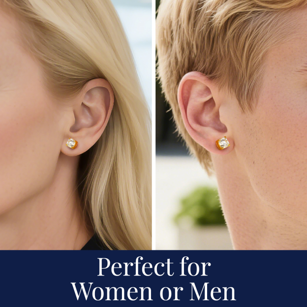 Four-Prong Cushion Cut Moissanite Stud Earrings in Yellow Gold for Woman or Men