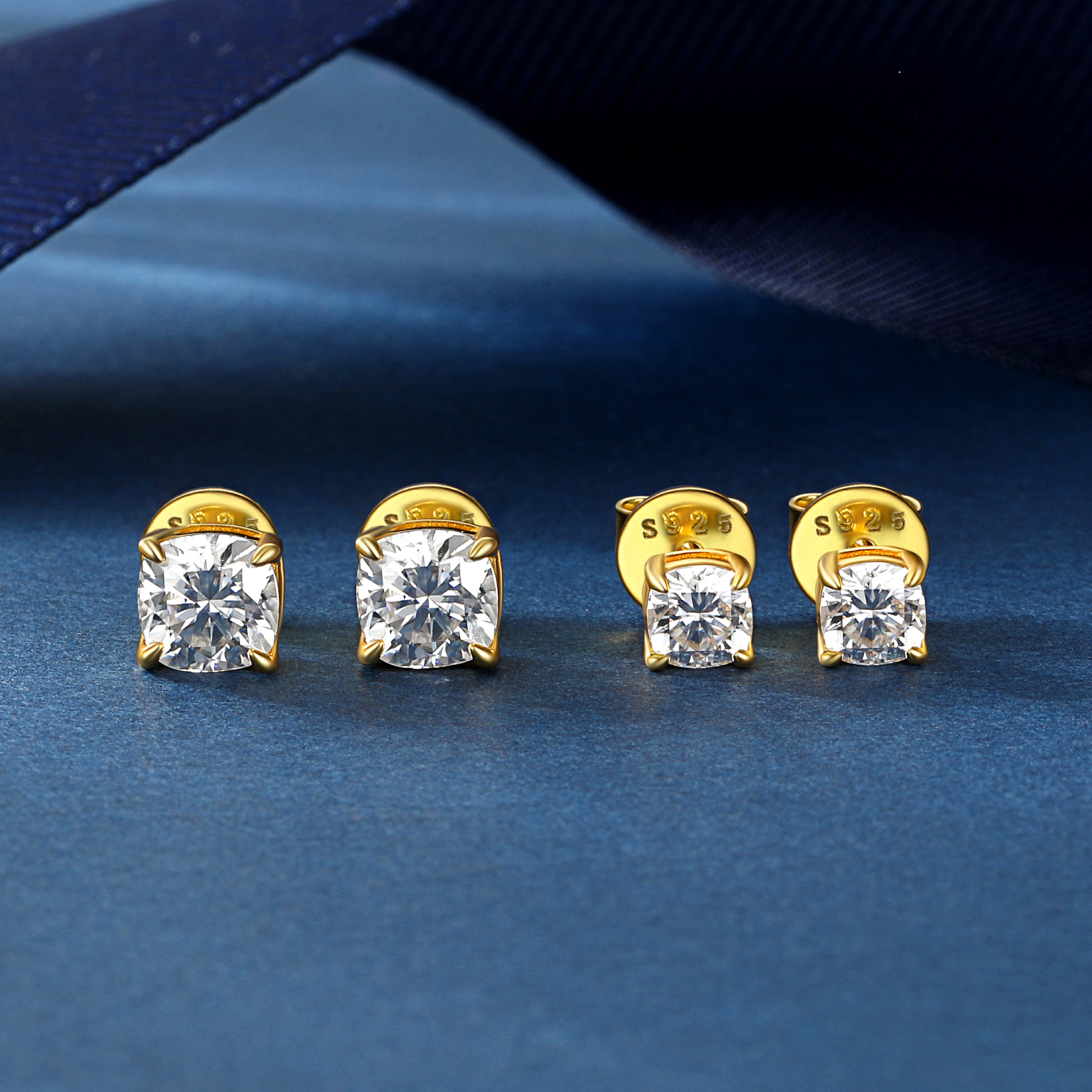 Four-Prong Cushion Cut Moissanite Stud Earrings in Yellow Gold in Different Carats