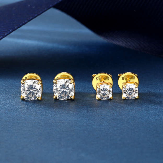 Four-Prong Cushion Cut Moissanite Stud Earrings in Yellow Gold in Different Carats
