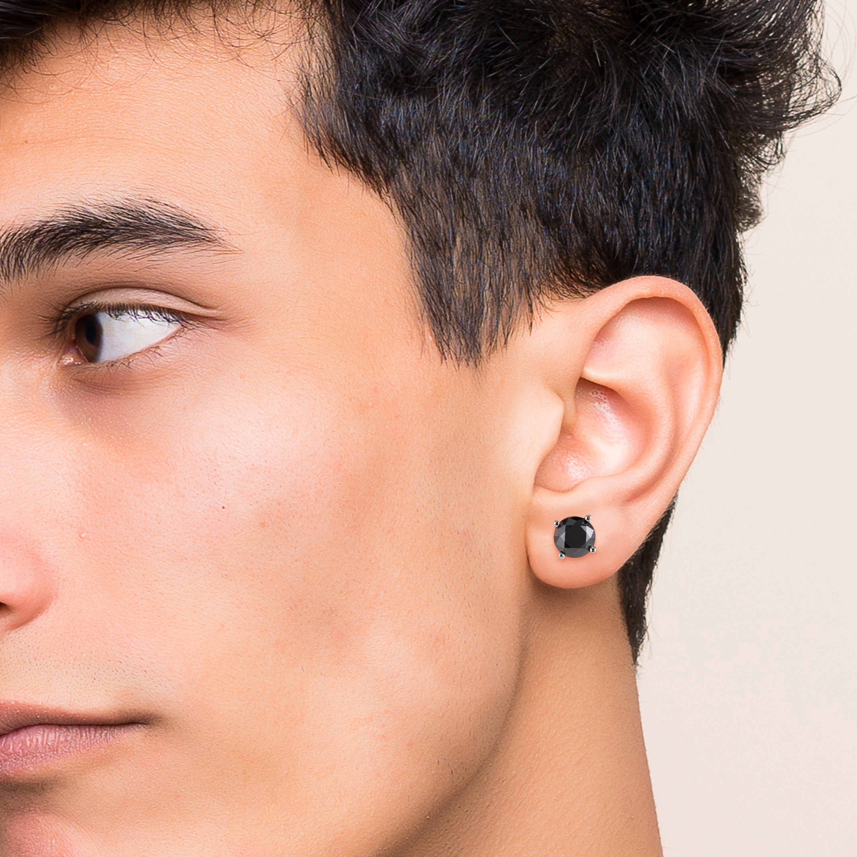 Four Prong Round Black Moissanite Stud Earrings in White Gold for Men-01