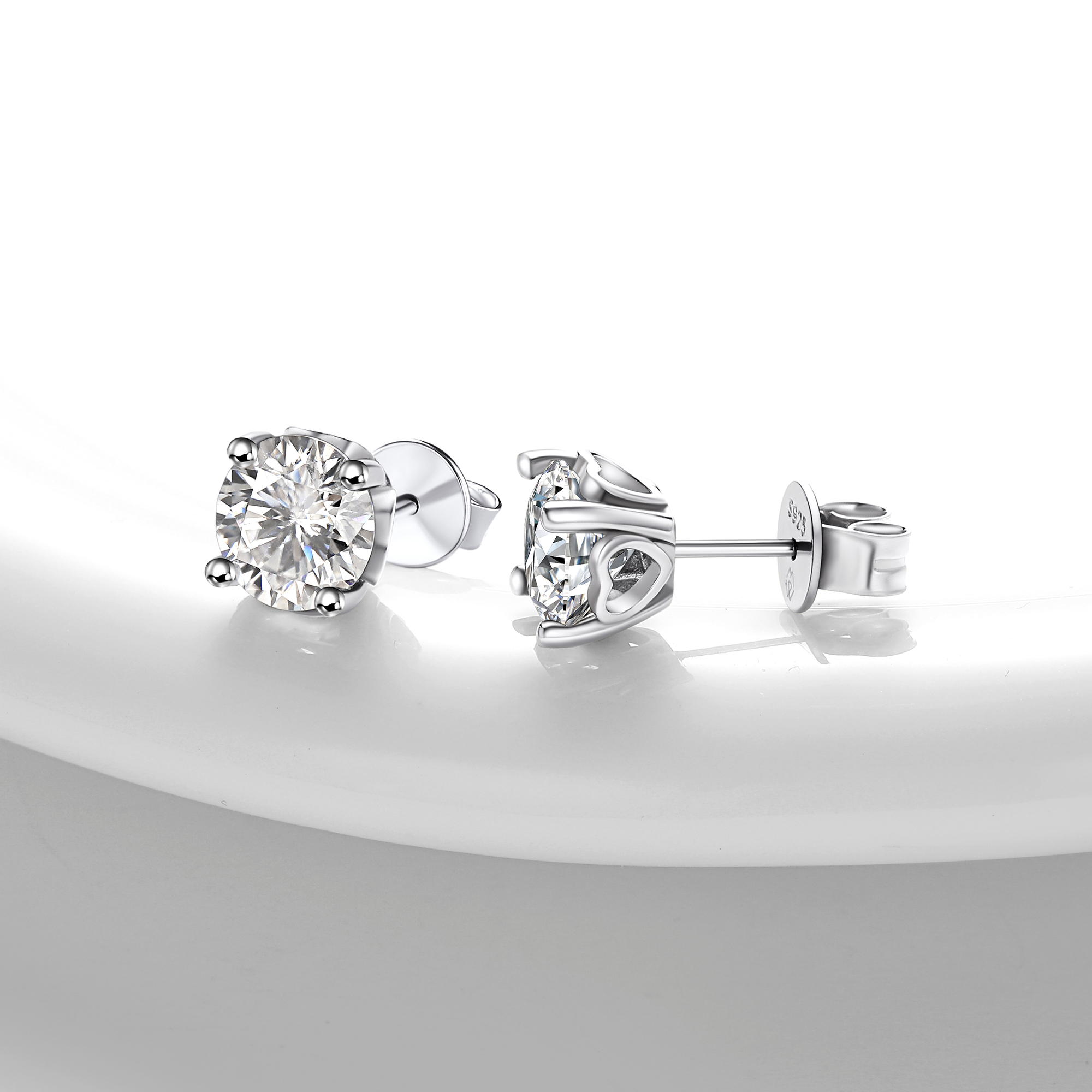 Four-Prong Round Cut Moissanite Stud Earrings with Side Heart in White Gold, Sterling Silver-01