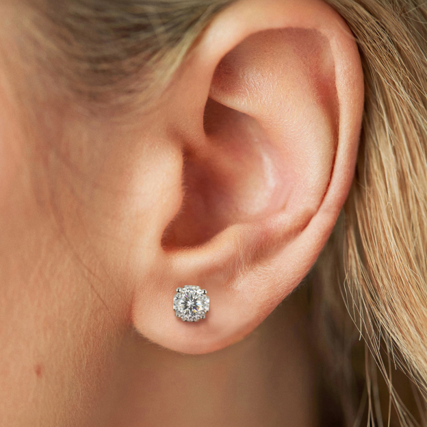 Four-Prong Round Cut Moissanite Stud Earrings with Side Heart in White Gold for Women-01