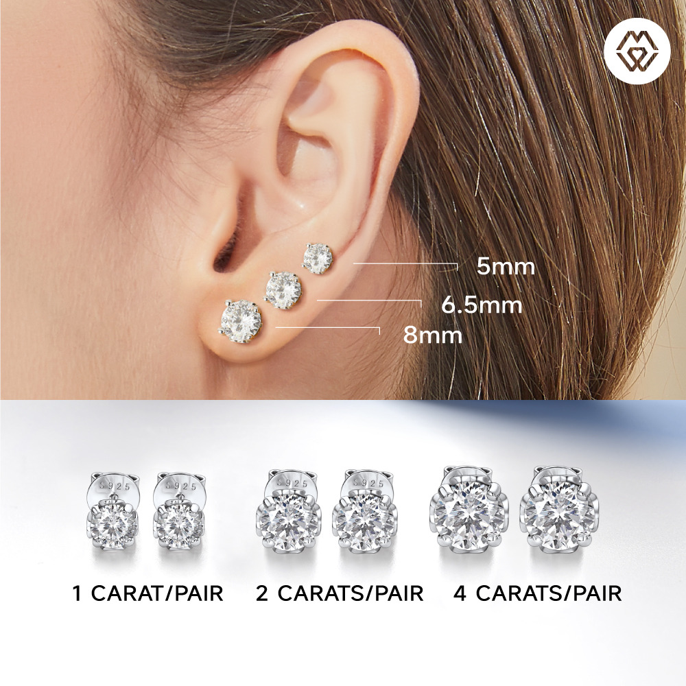 Four-Prong Round Cut Moissanite Stud Earrings with Side Heart in White Gold in Different Carats