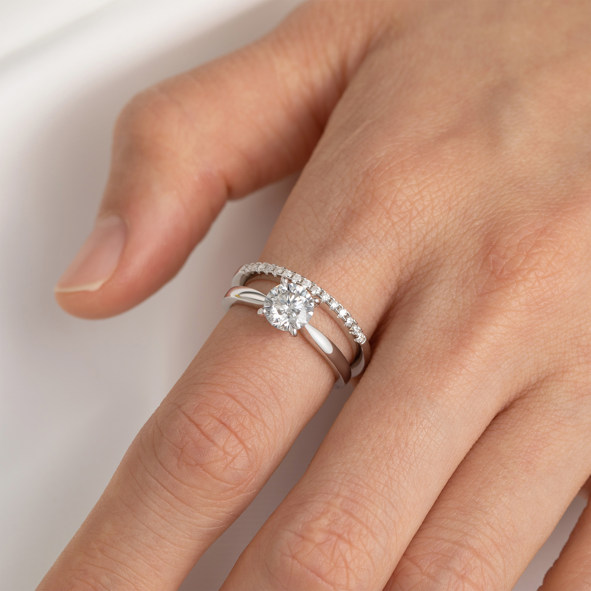 Four Prong Solitaire Moissanite Engagement Ring in White Gold with Eternity Wedding Ring