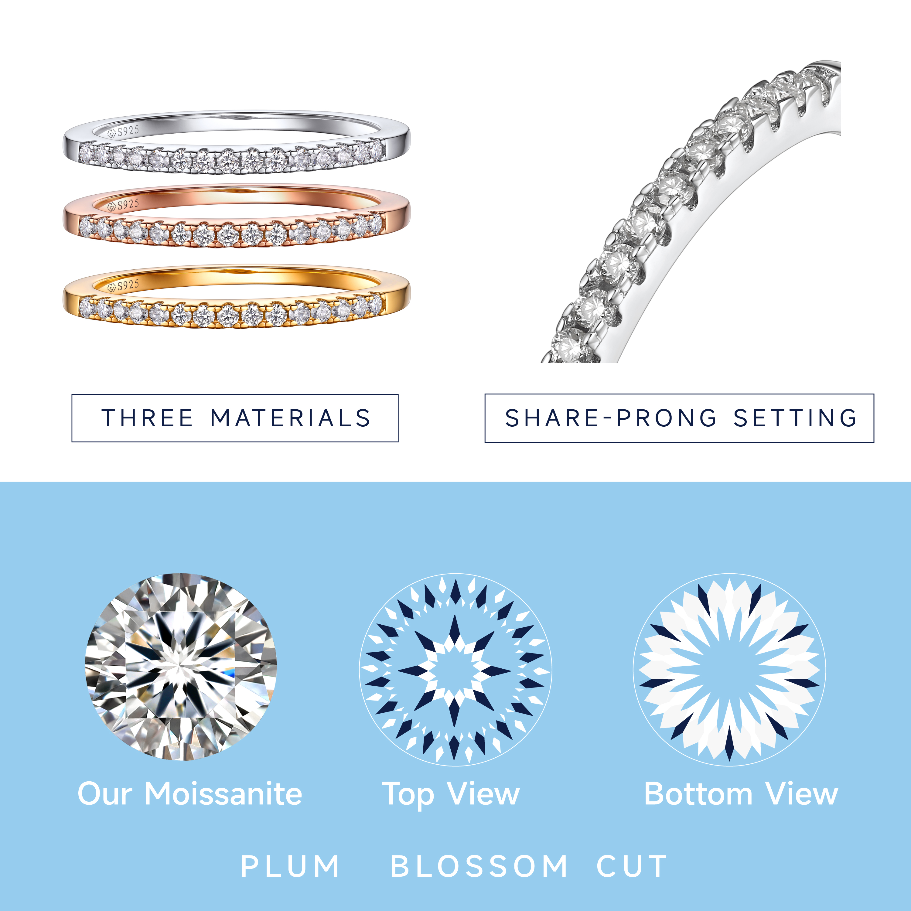 Half Pavé Eternity Ring Moissanite Wedding Ring in Different Colors