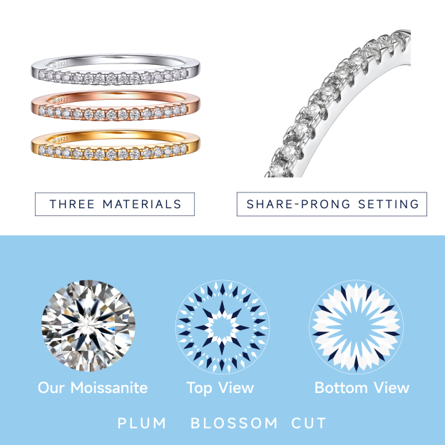 Half Pavé Eternity Ring Moissanite Wedding Ring in Different Colors