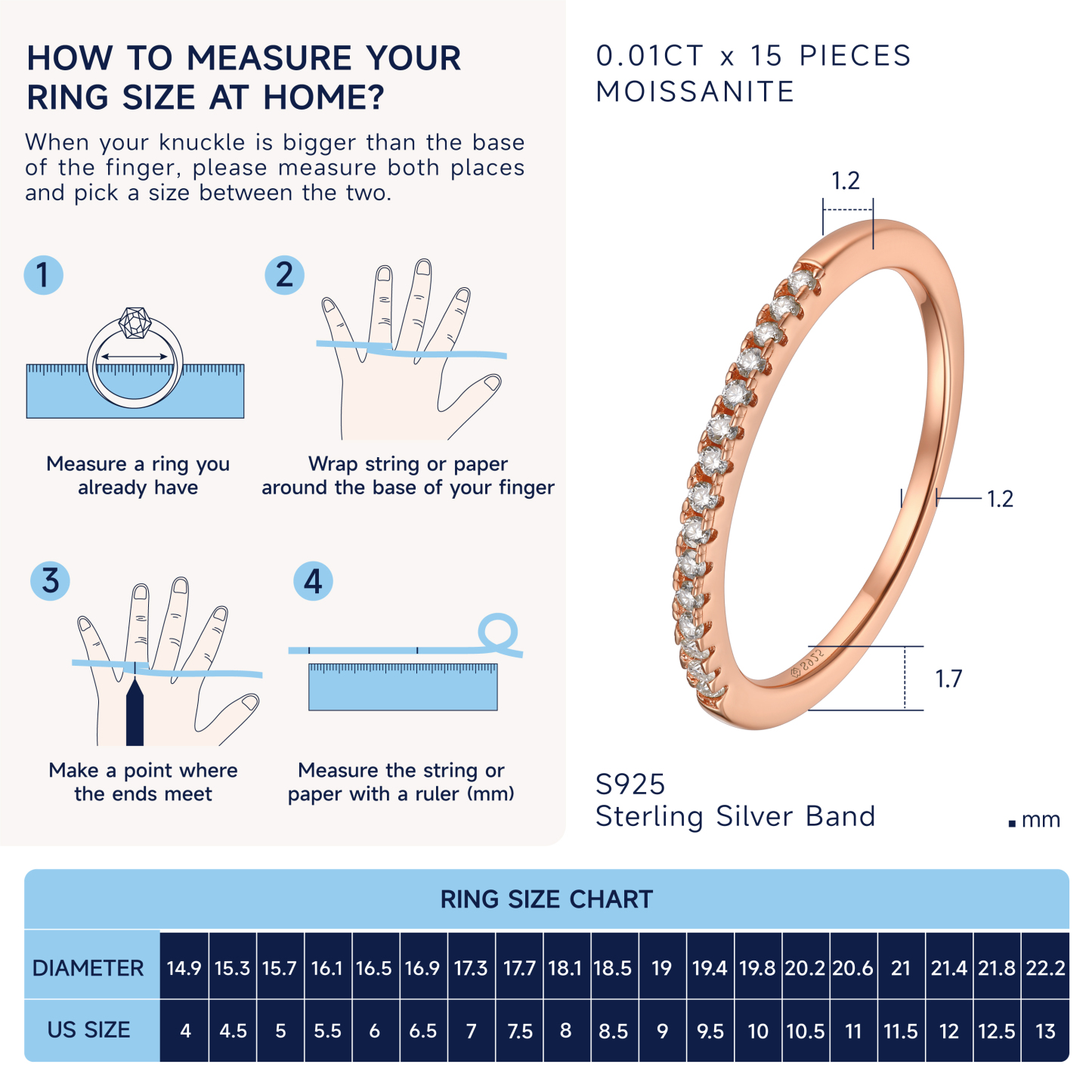 Half Pavé Eternity Ring Moissanite Wedding Ring in Rose Gold Details-Ring Size Guide