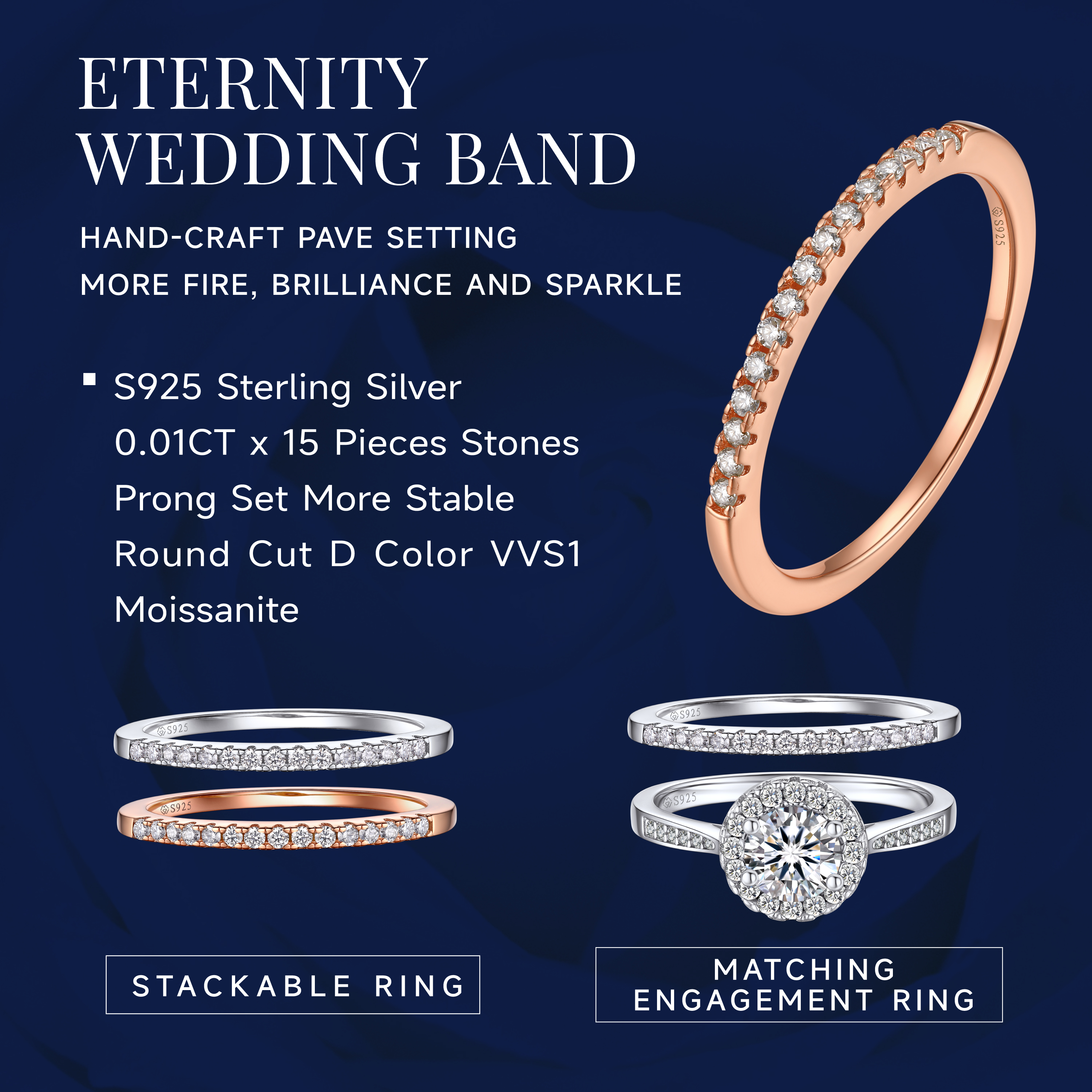 Half Pavé Eternity Ring Moissanite Wedding Ring in Rose Gold - Stackable with Engagement Ring