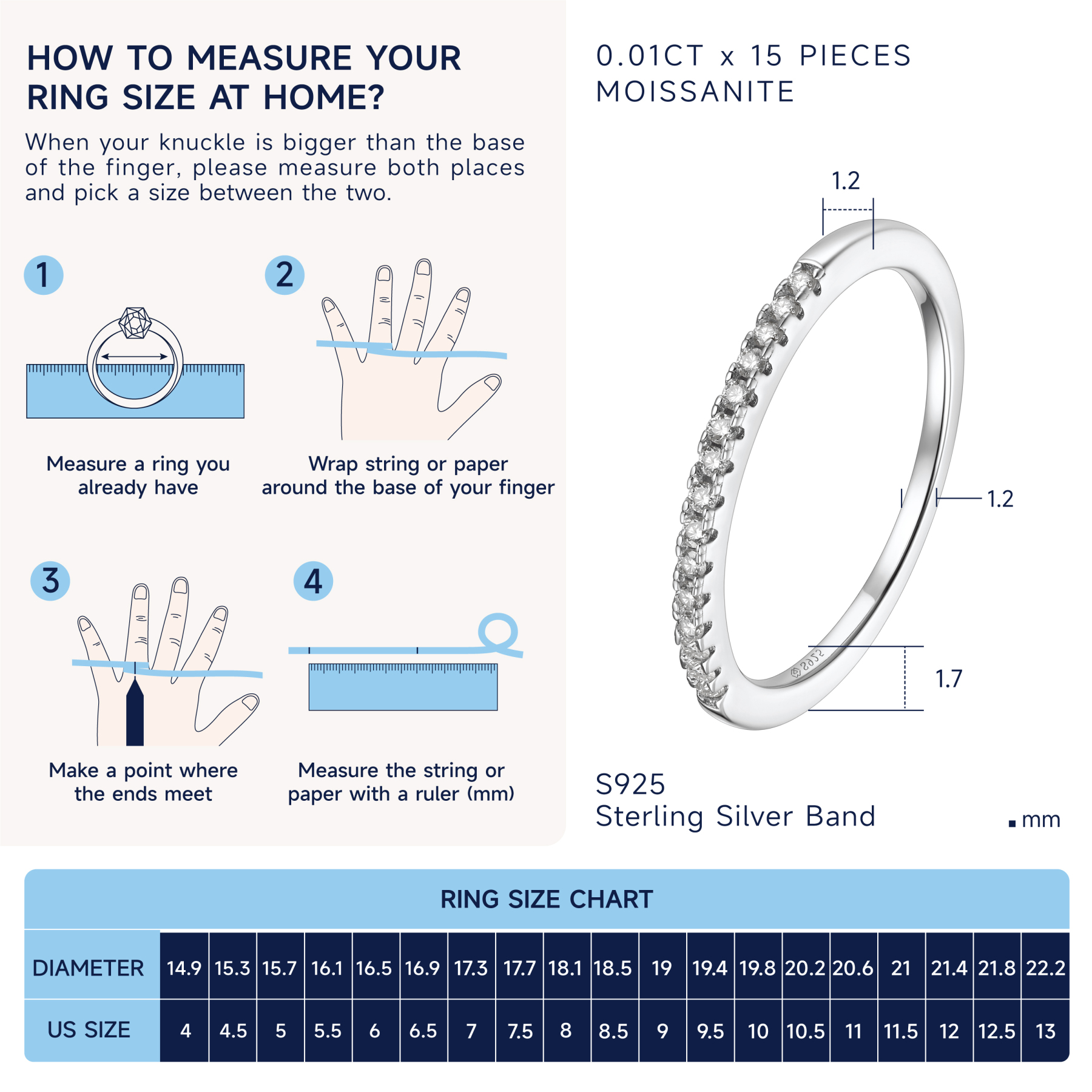 Half Pavé Eternity Ring Moissanite Wedding Ring in White Gold Details-Ring Size Guide