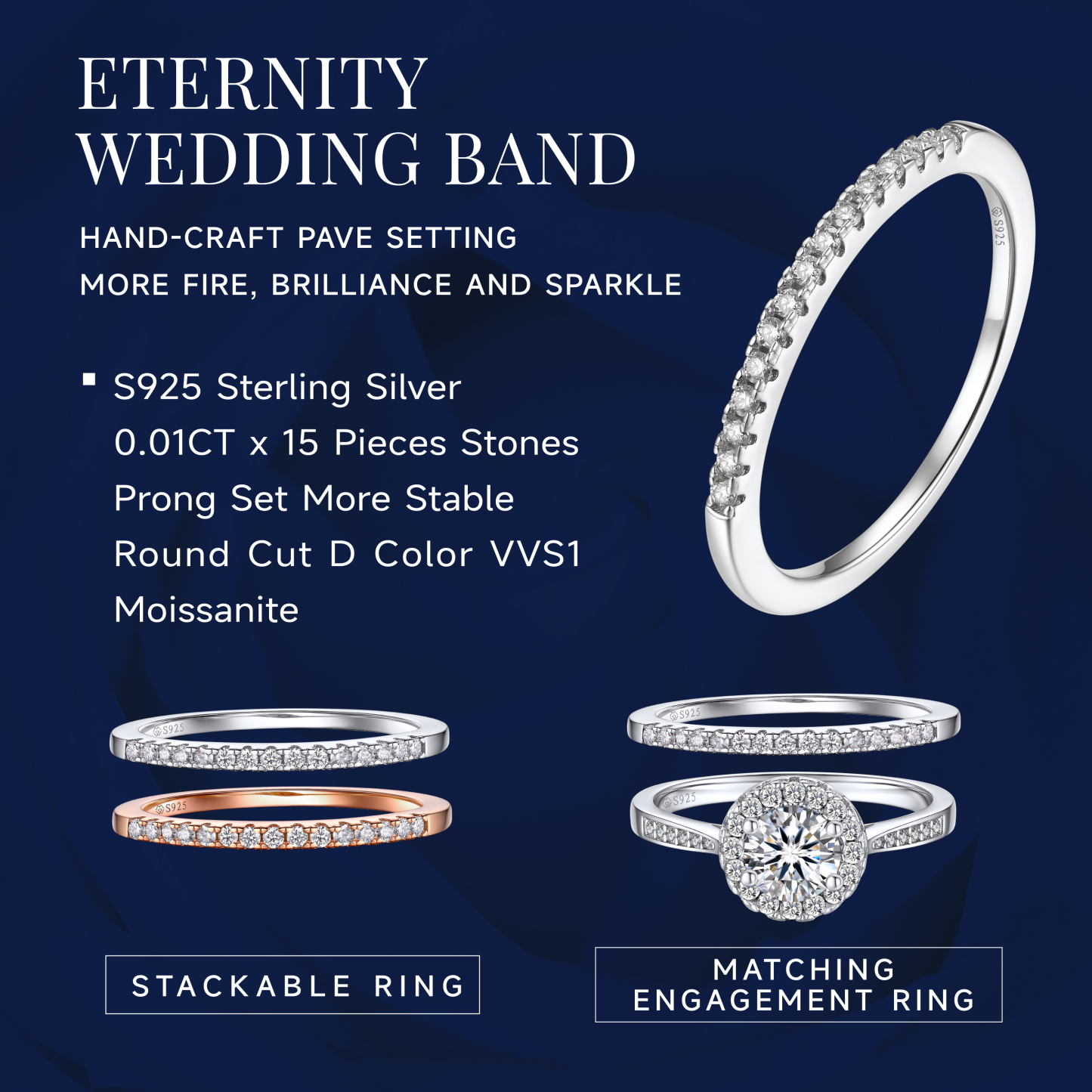 Half Pavé Eternity Ring Moissanite Wedding Ring in White Gold - Stackable with Engagement Ring