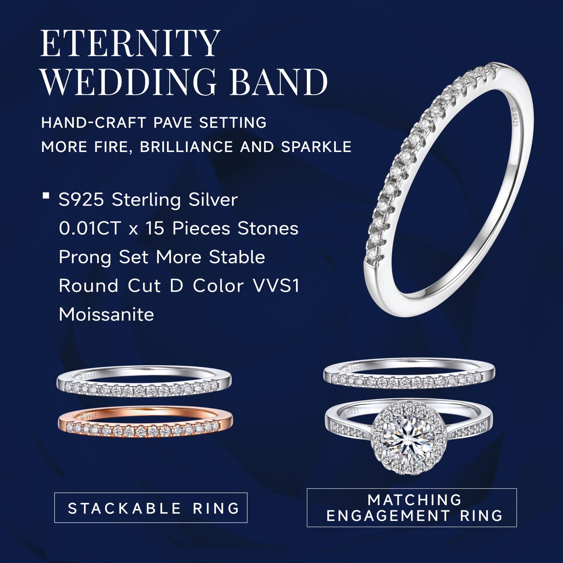 Half Pavé Eternity Ring Moissanite Wedding Ring in White Gold - Stackable with Engagement Ring