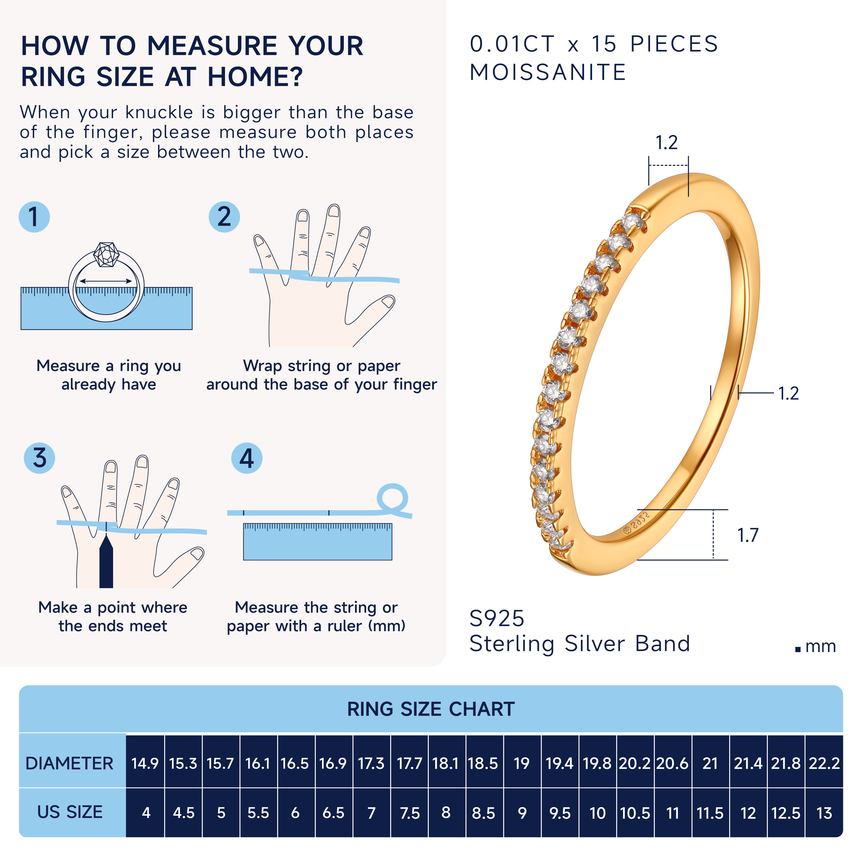 Half Pavé Eternity Ring Moissanite Wedding Ring in Yellow Gold Details-Ring Size Guide