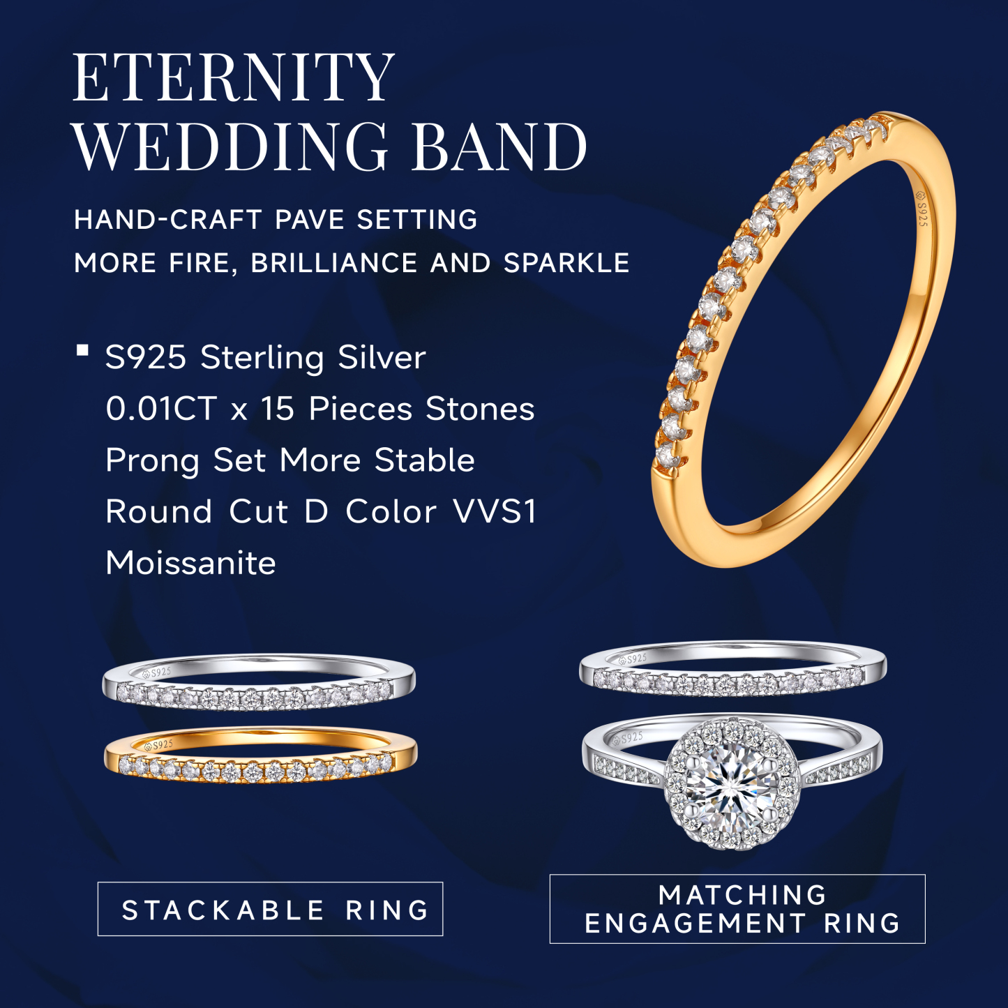 Half Pavé Eternity Ring Moissanite Wedding Ring in Yellow Gold - Stackable with Engagement Ring