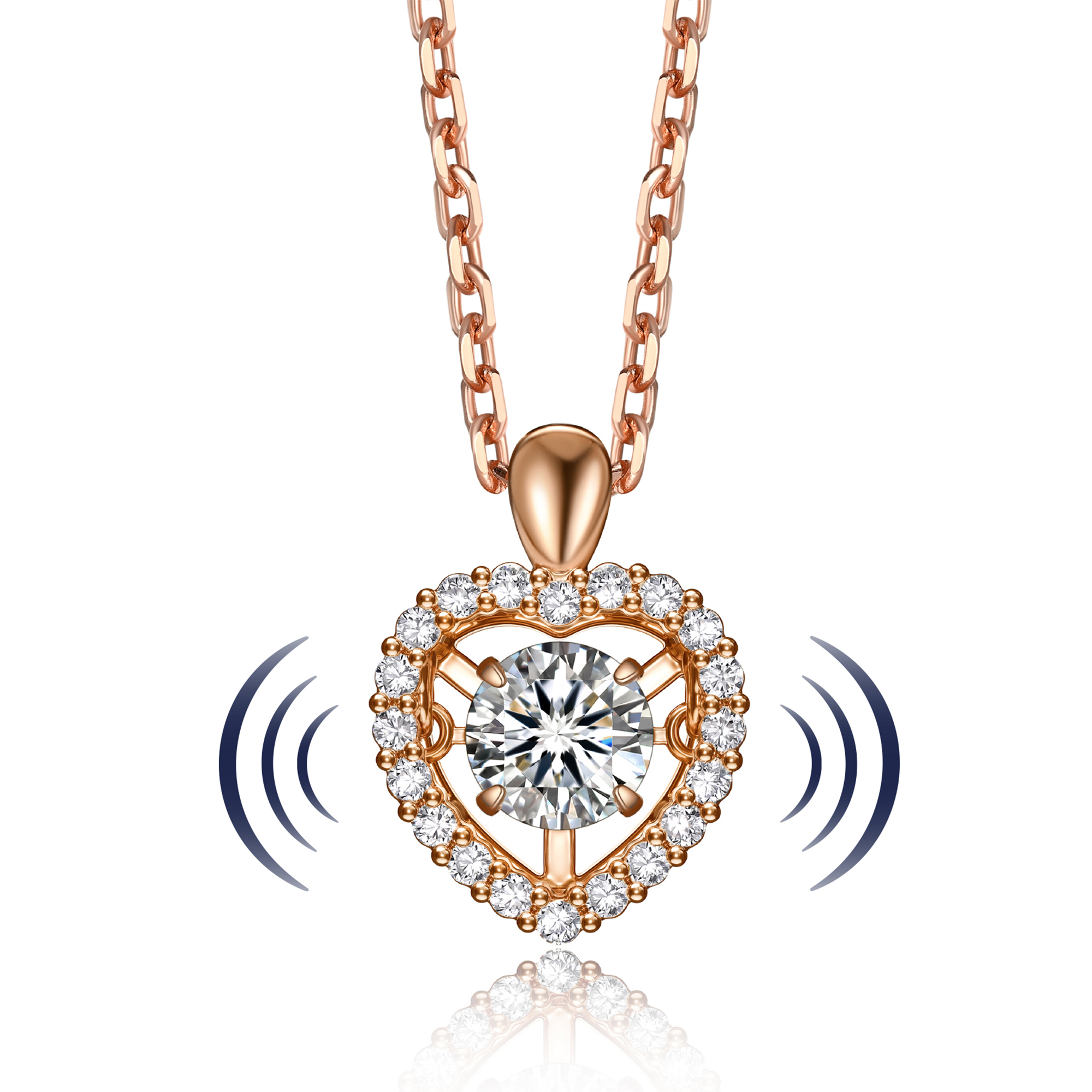 Halo Heart Pendant Necklace with 0.5 Ct. VVS1 Dancing Stone Moissanite in Rose Gold, Sterling Silver