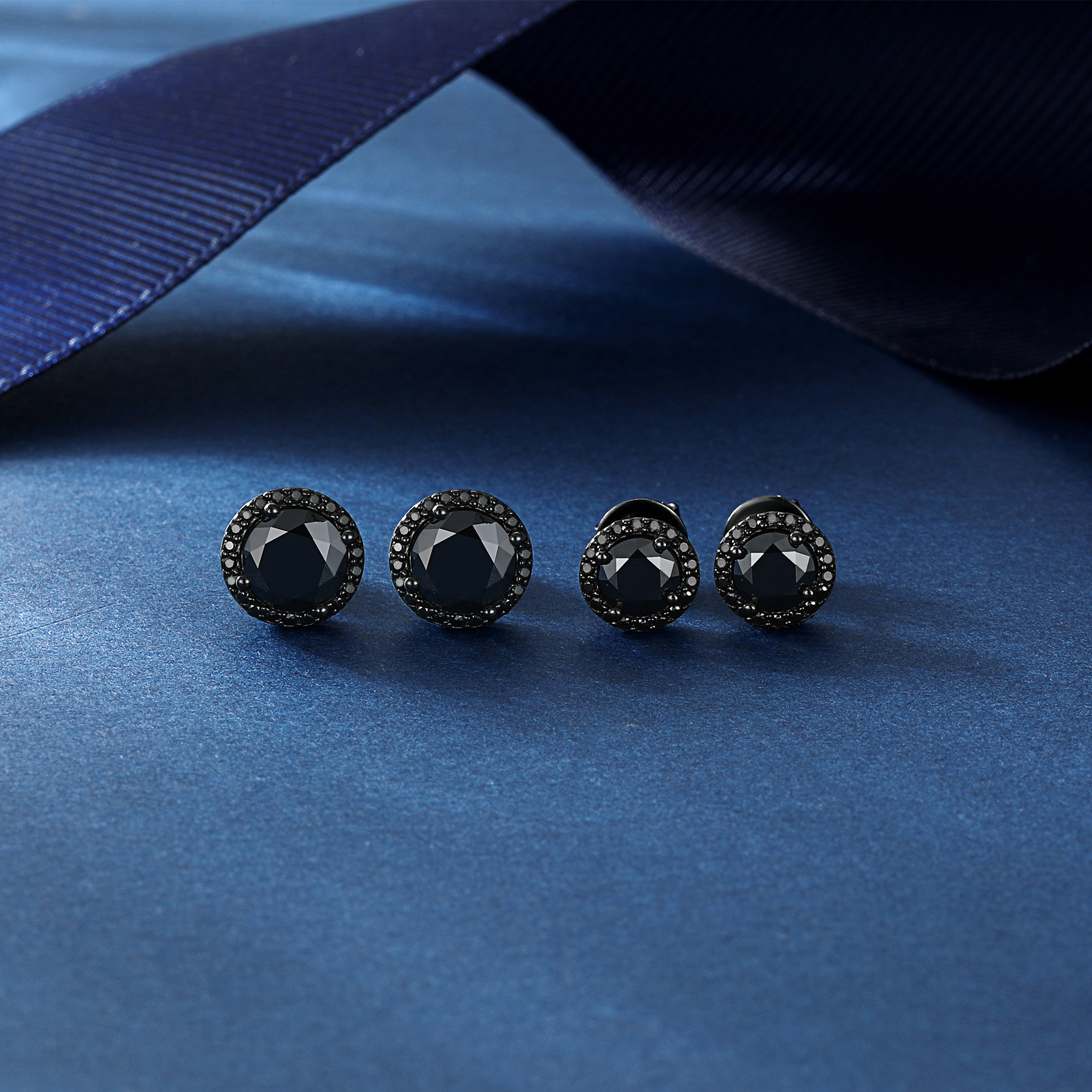 Halo Round Black Moissanite Stud Earrings in Black Plated in Multiple Carat Sizes