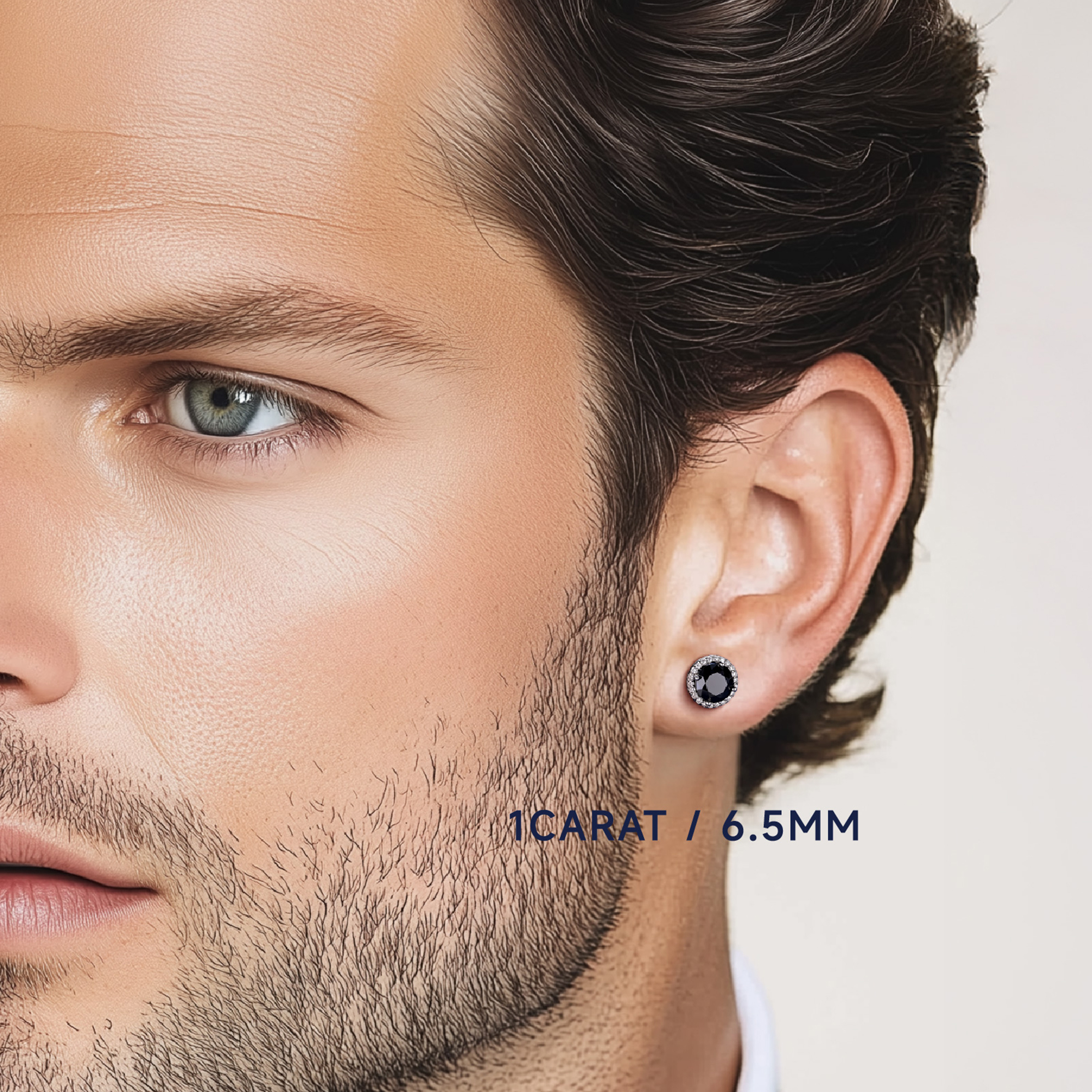 Halo Round Black Moissanite Stud Earrings in White Gold for Men