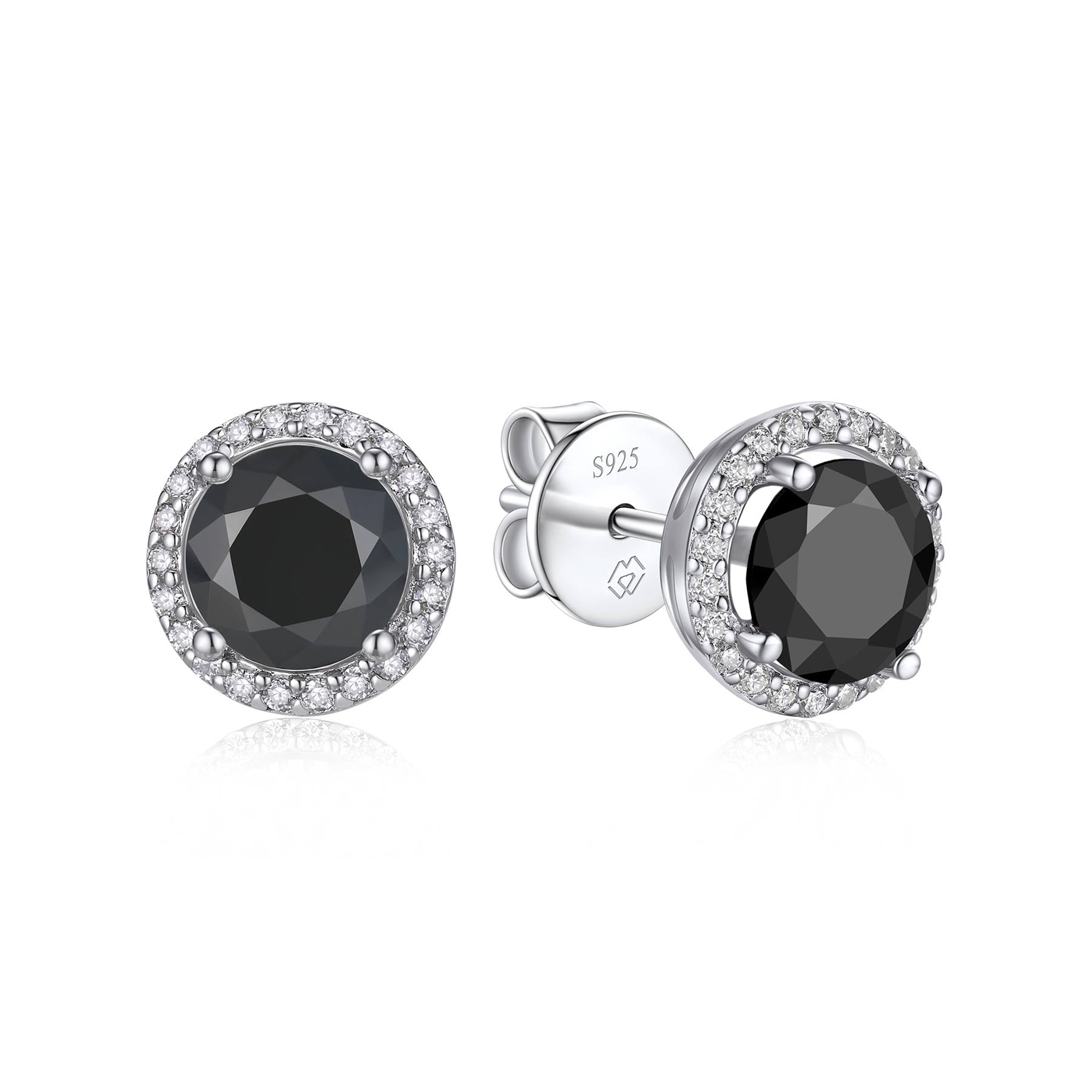 Halo Round Black Moissanite Stud Earrings in White Gold
