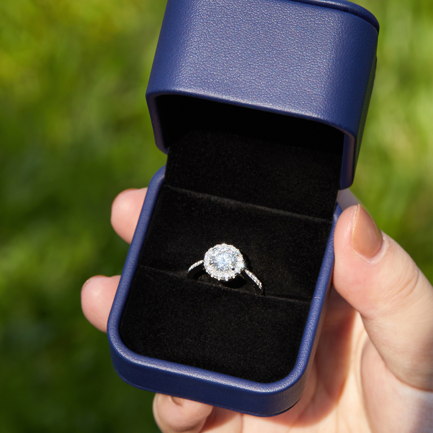 Halo Round Moissanite Engagement Rings in White Gold - Ring Gift Box