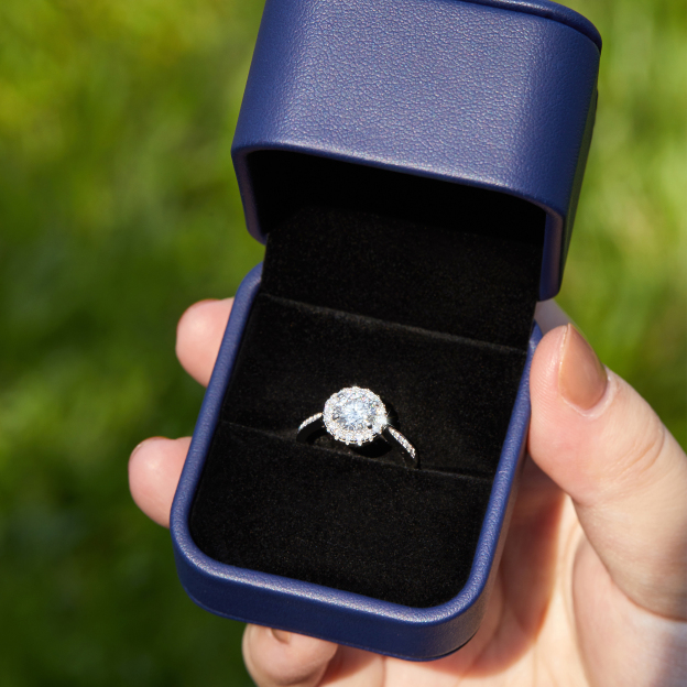 Halo Round Moissanite Engagement Rings in White Gold - Ring Gift Box