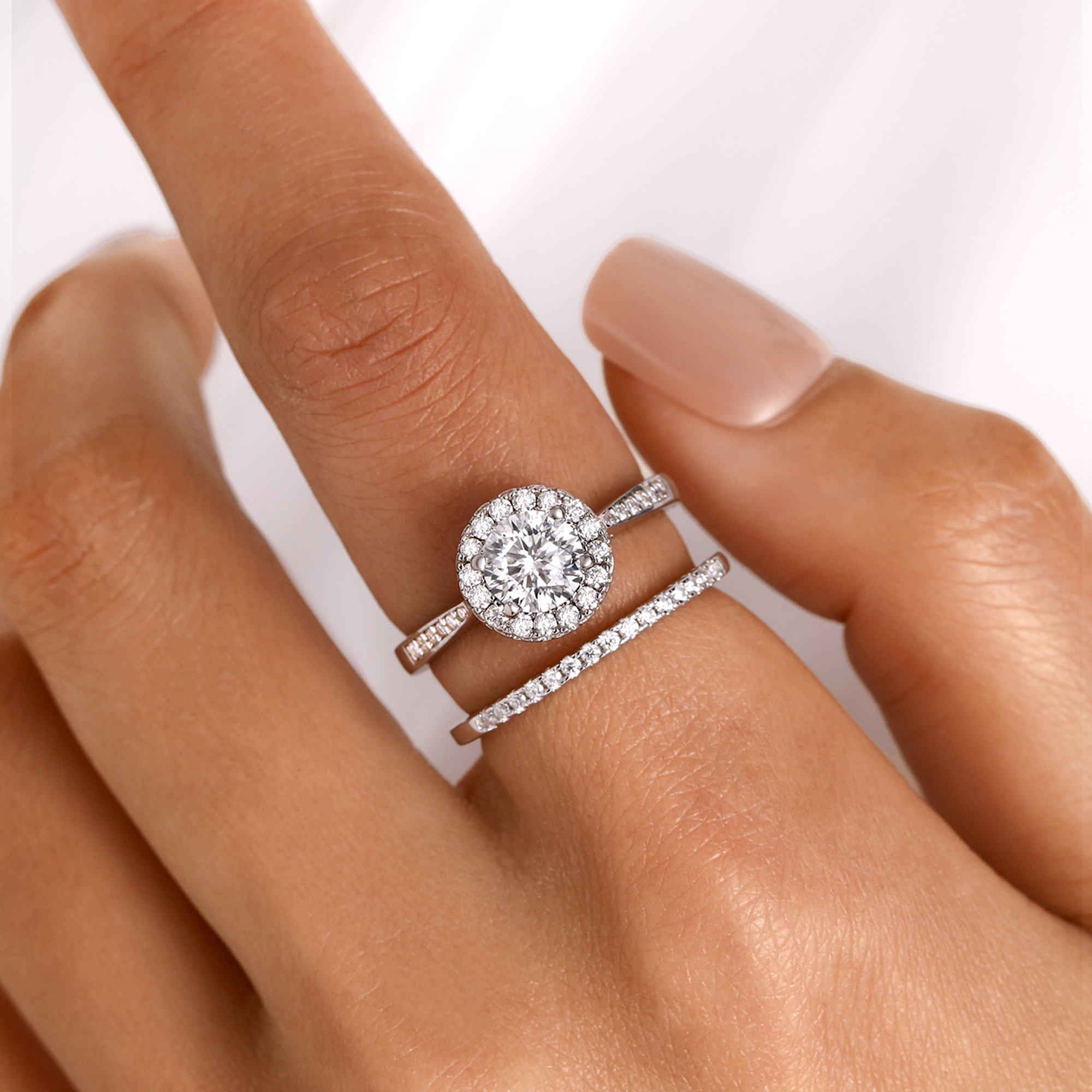 Halo Round Moissanite Engagement Rings in White Gold with Eternity Wedding Ring-01