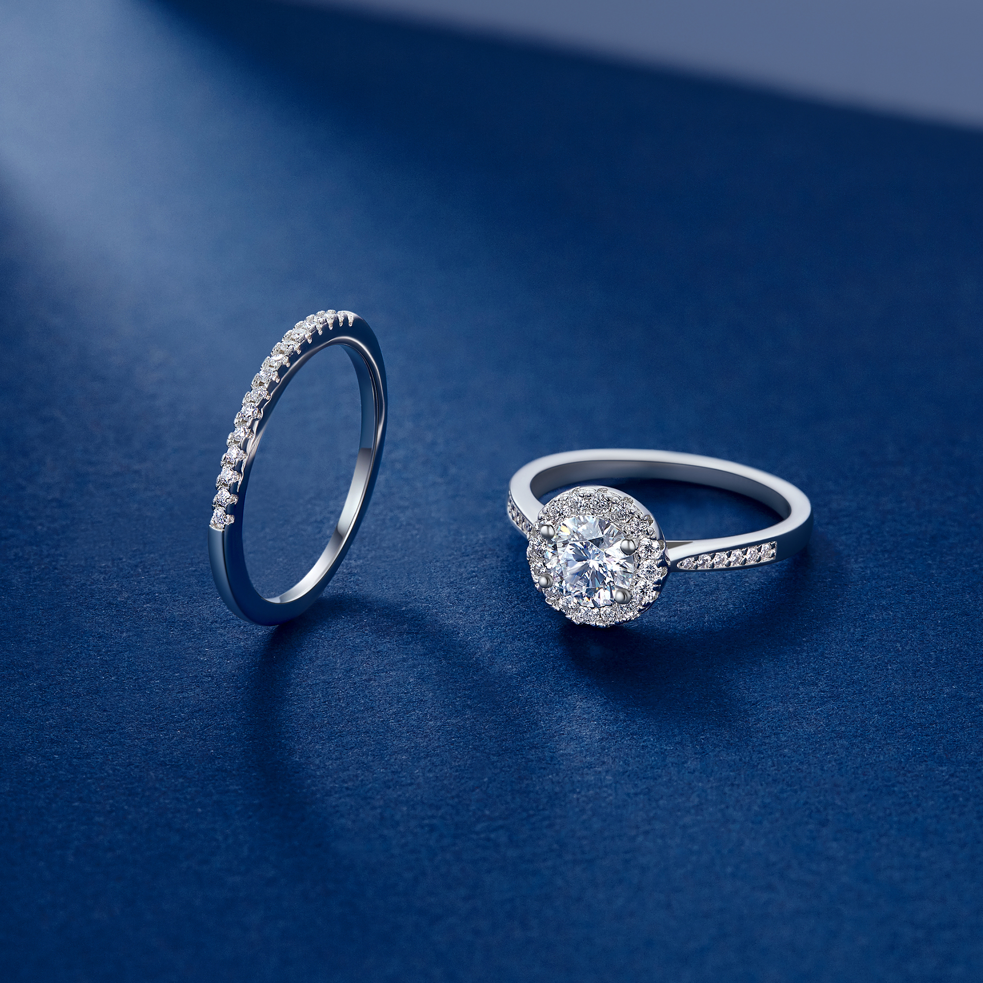 Halo Round Moissanite Engagement Rings in White Gold with Eternity Wedding Ring-03
