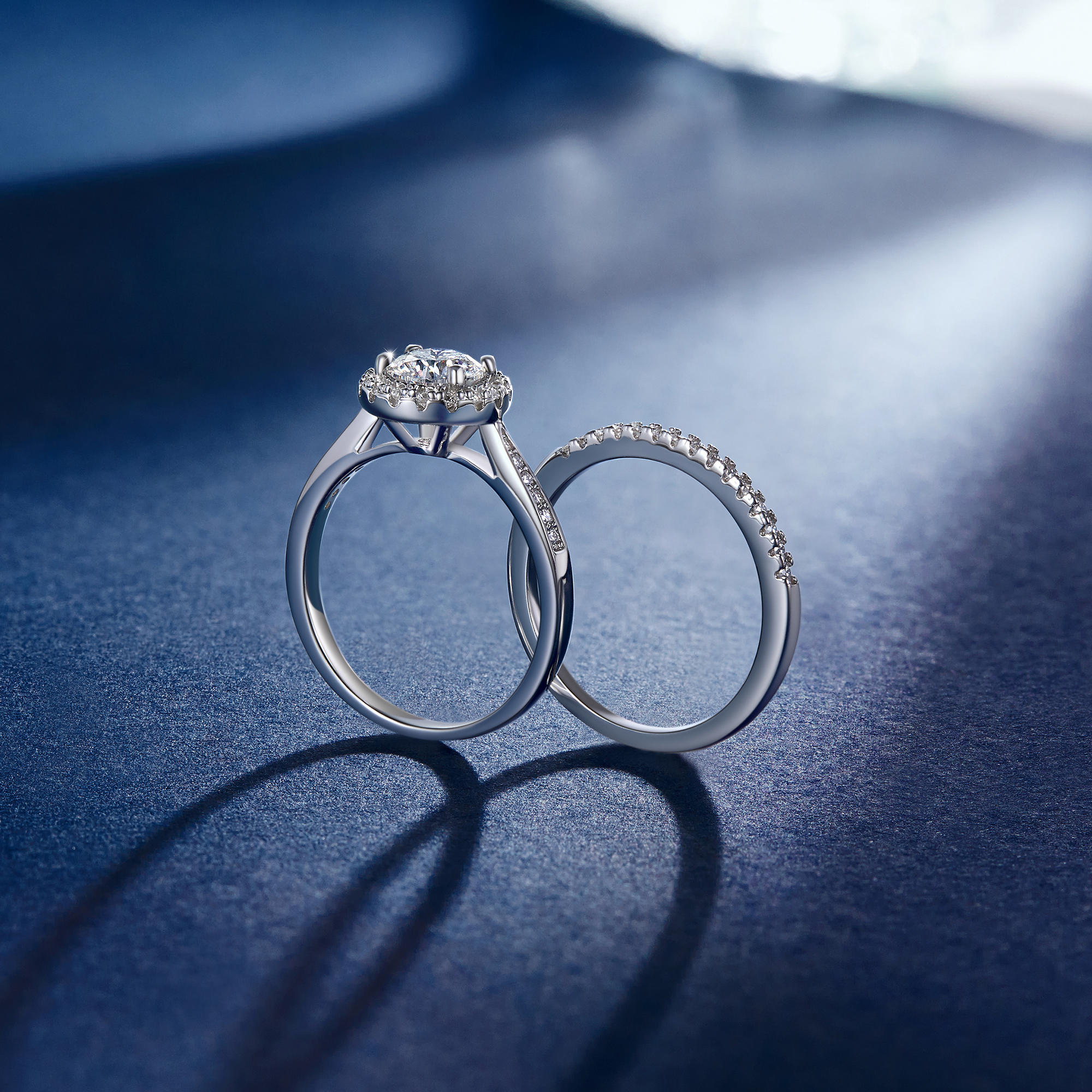 Halo Round Moissanite Engagement Rings in White Gold with Eternity Wedding Ring-04