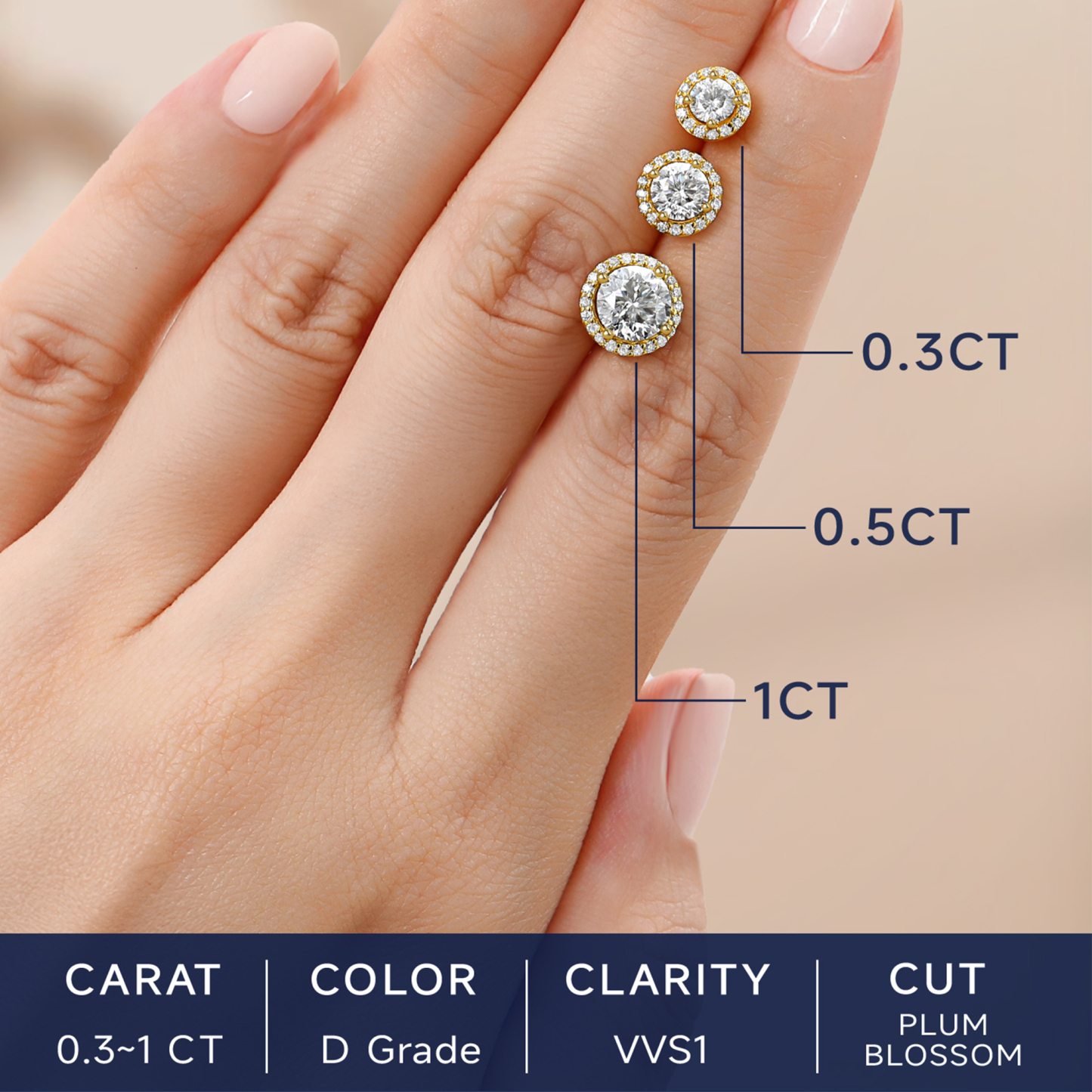 Halo Round Moissanite Stud Earrings in 14K Gold in Different Carats
