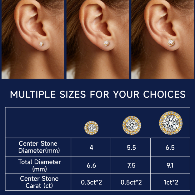 Halo Round Moissanite Stud Earrings in 14K Gold in Multiple Carat Sizes