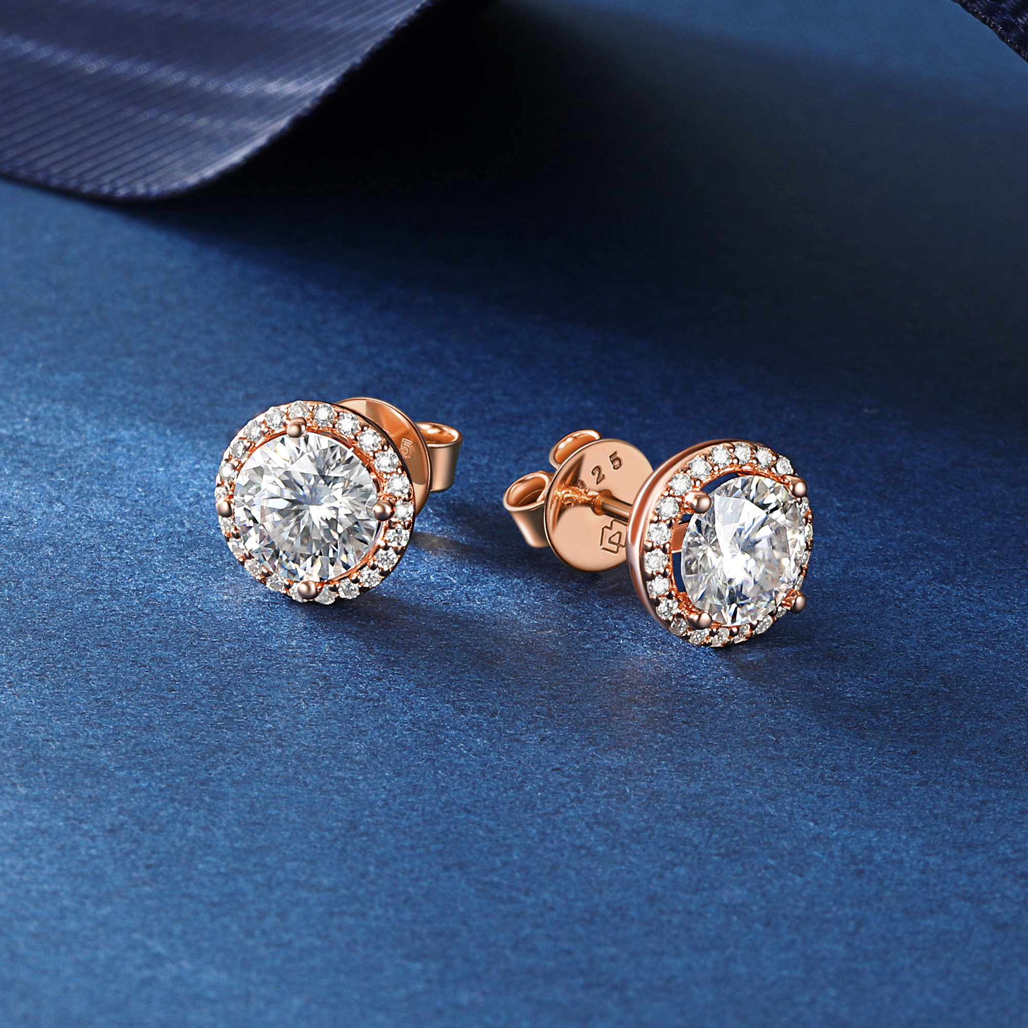 Halo Round Moissanite Stud Earrings in Rose Gold, Sterling Silver
