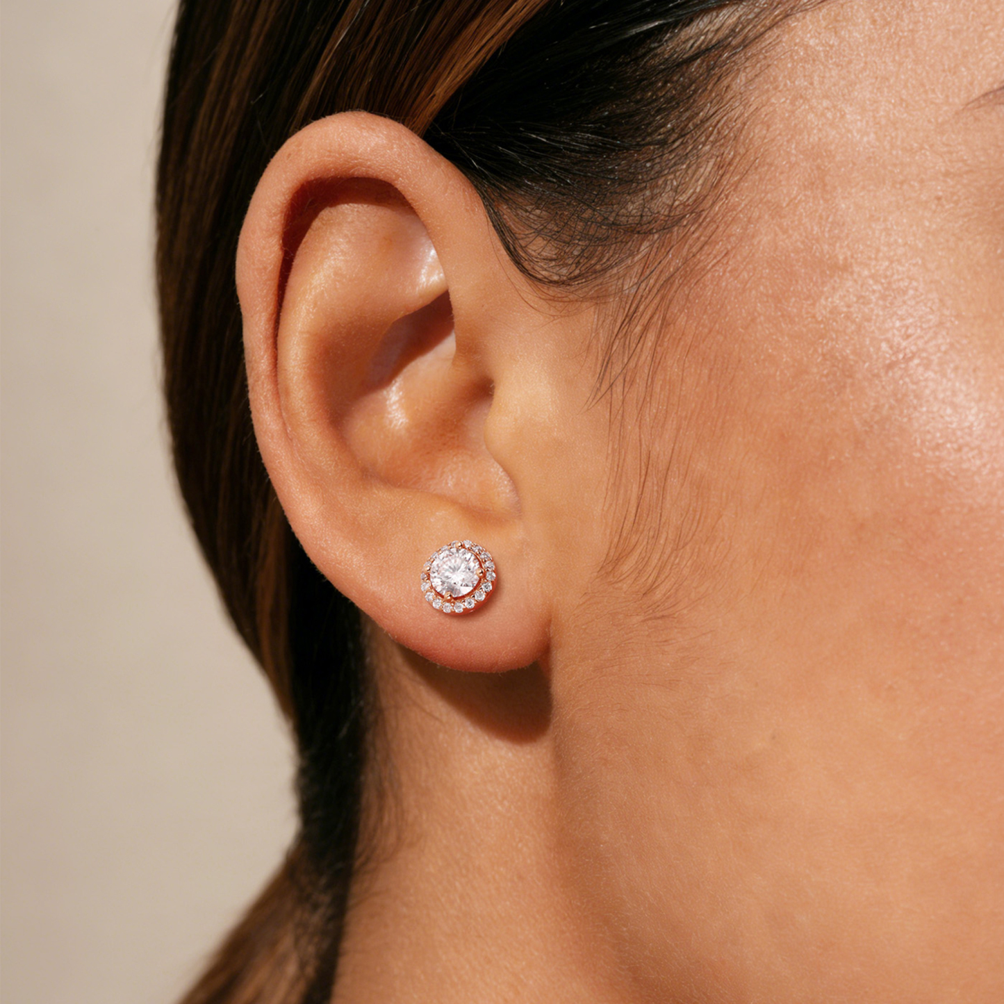 Halo Round Moissanite Stud Earrings in Rose Gold for Women-01