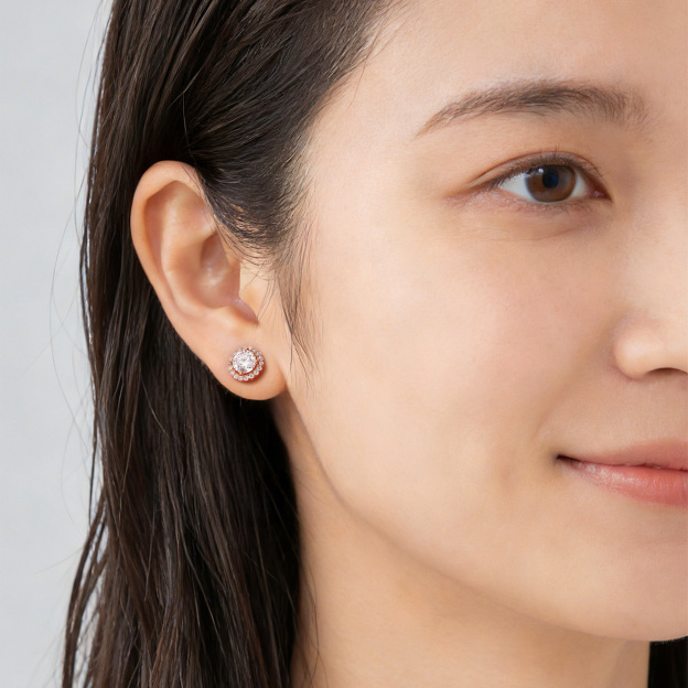 Halo Round Moissanite Stud Earrings in Rose Gold for Women-02