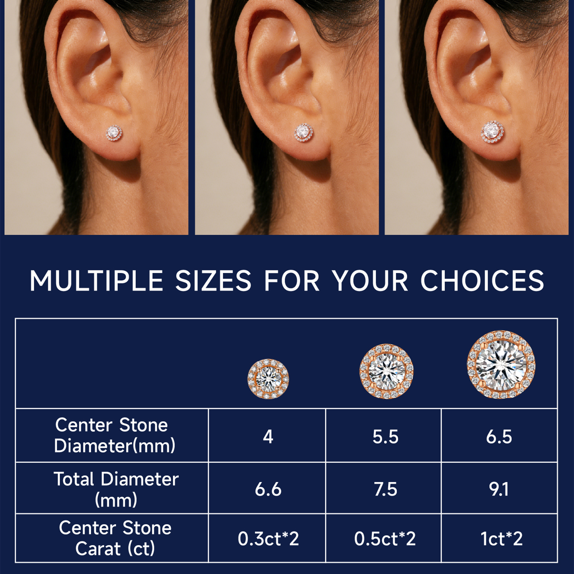 Halo Round Moissanite Stud Earrings in Rose Gold in Multiple Carat Sizes