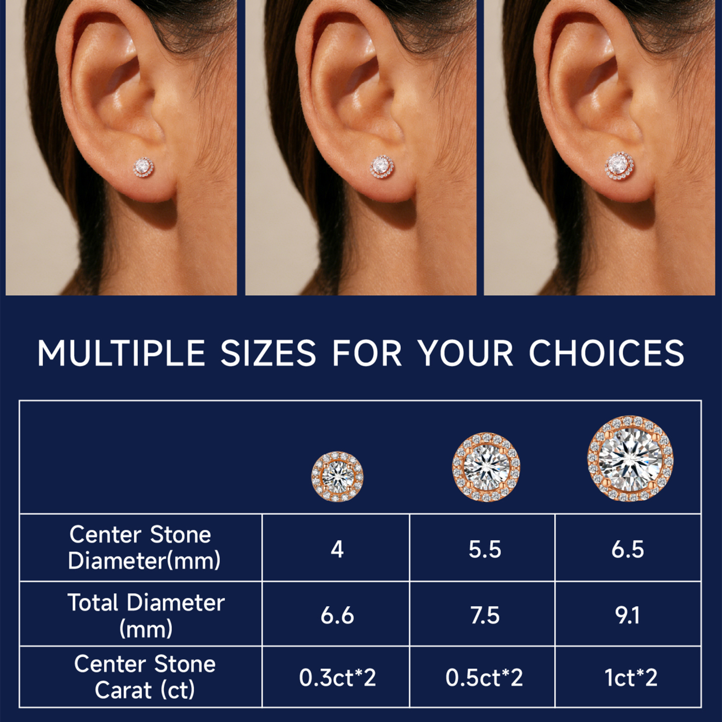 Halo Round Moissanite Stud Earrings in Rose Gold in Multiple Carat Sizes