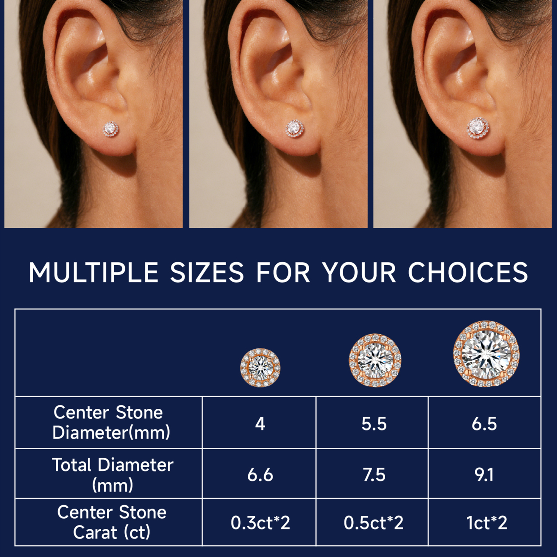 Halo Round Moissanite Stud Earrings in Rose Gold in Multiple Carat Sizes