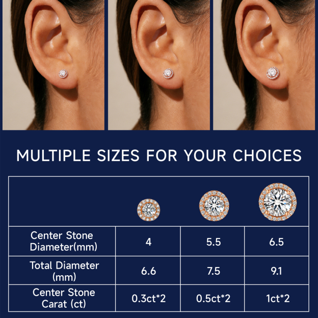 Halo Round Moissanite Stud Earrings in Rose Gold in Multiple Carat Sizes