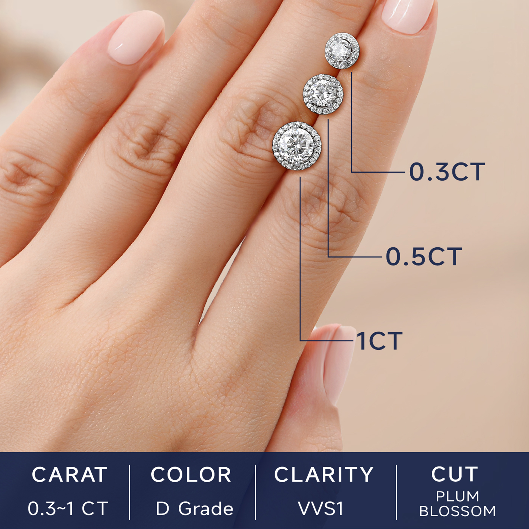 Halo Round Moissanite Stud Earrings in White Gold in Different Carats