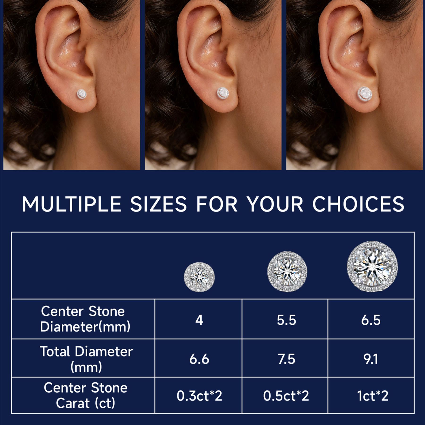 Halo Round Moissanite Stud Earrings in White Gold in Multiple Carat Sizes